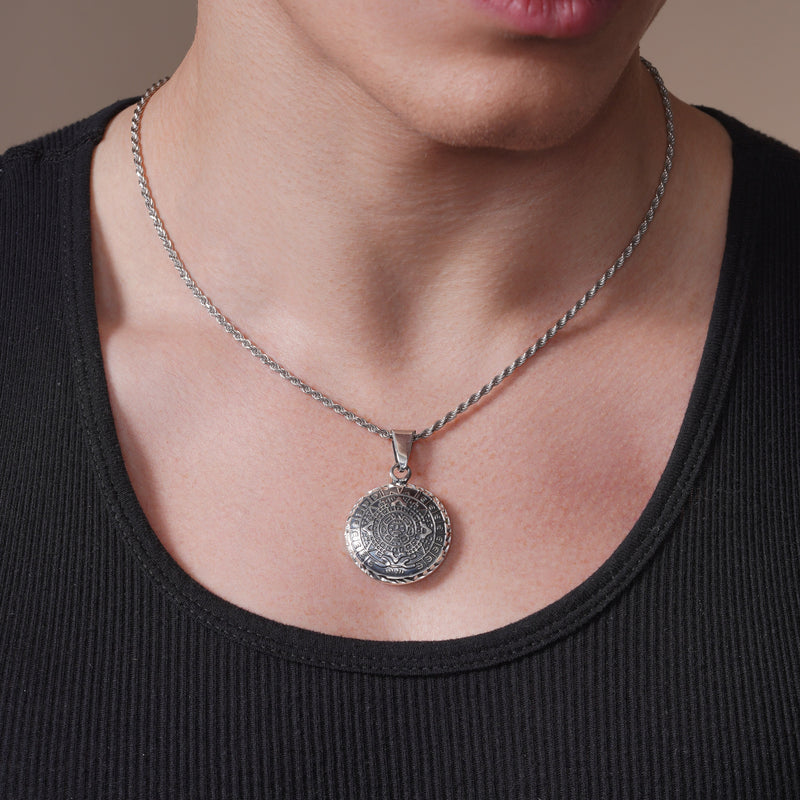 Oxidized 925 Sterling Silver Diamond Cut Puffed Aztec Mayan Calendar Double Sided Pendant - OXP00068