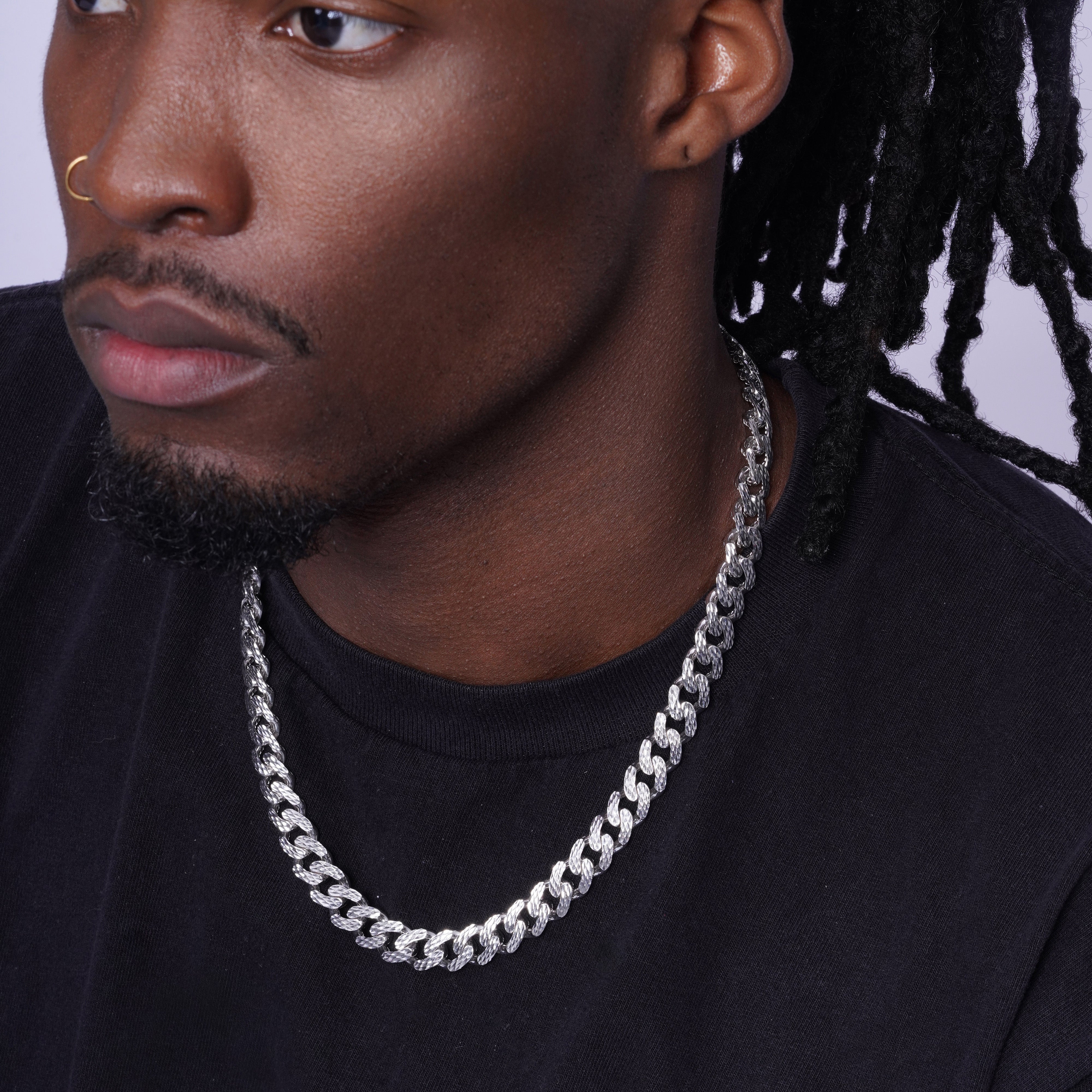 Rhodium Plated 925 Sterling Silver Diamond Cut Miami Curb Link 10.5mm Chain - GMN00246