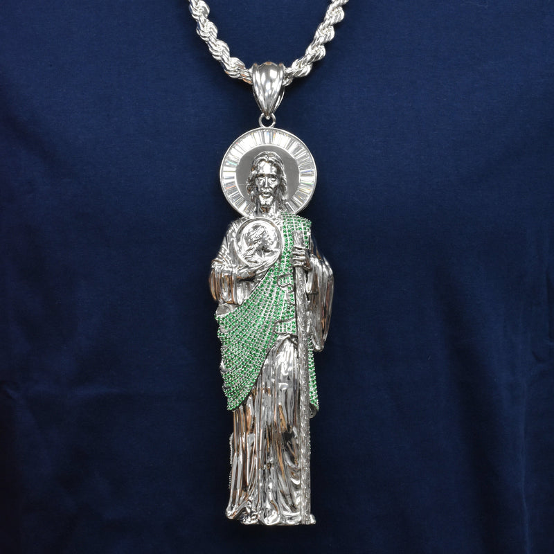 Rhodium Plated 925 Sterling Silver Saint Jude Clear Baguette and Green Round CZ 57.1mm x 177.8mm Pendant - PAP00191