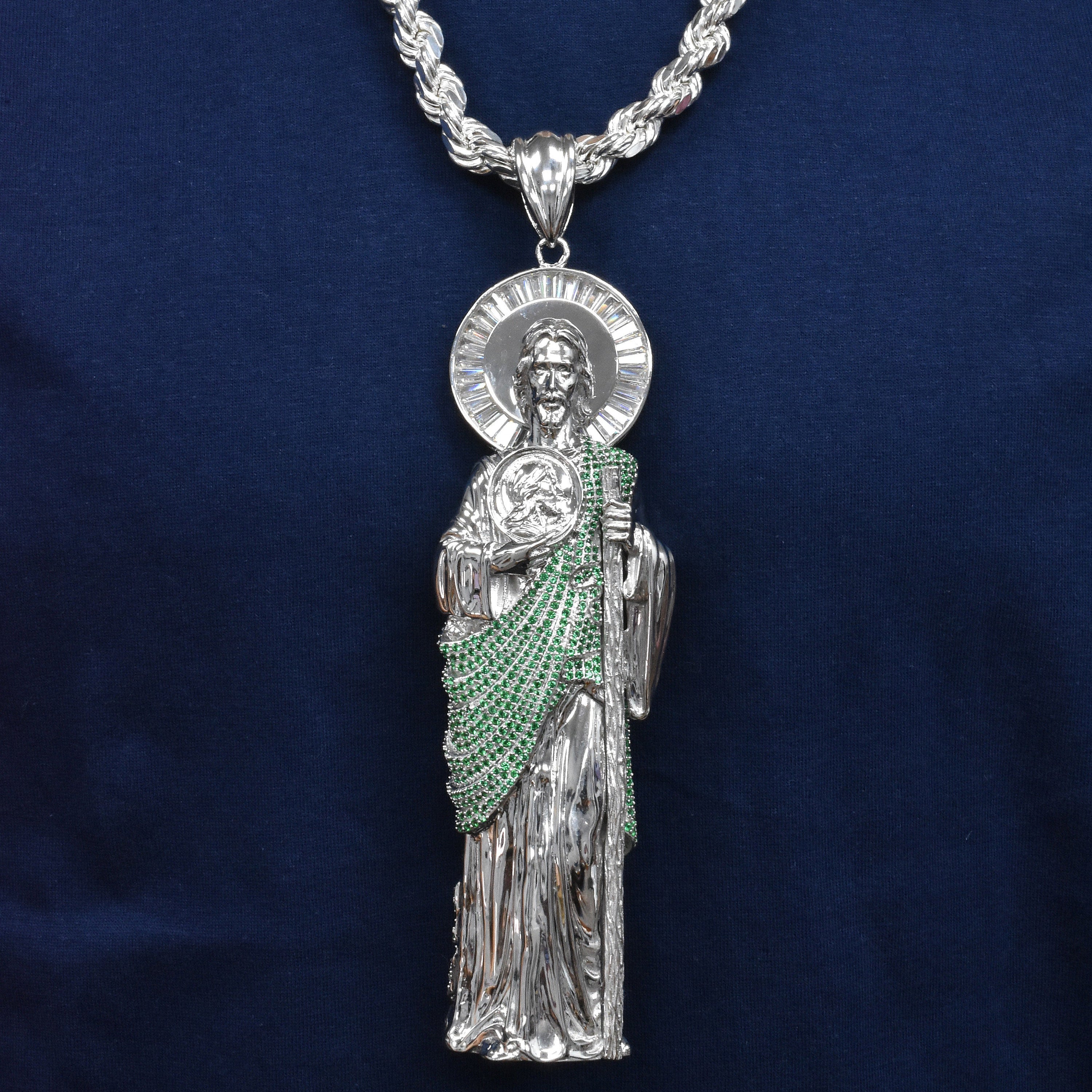 Rhodium Plated 925 Sterling Silver Saint Jude Clear Baguette and Green Round CZ 43.5mm x 139.2mm Pendant - GMP00192