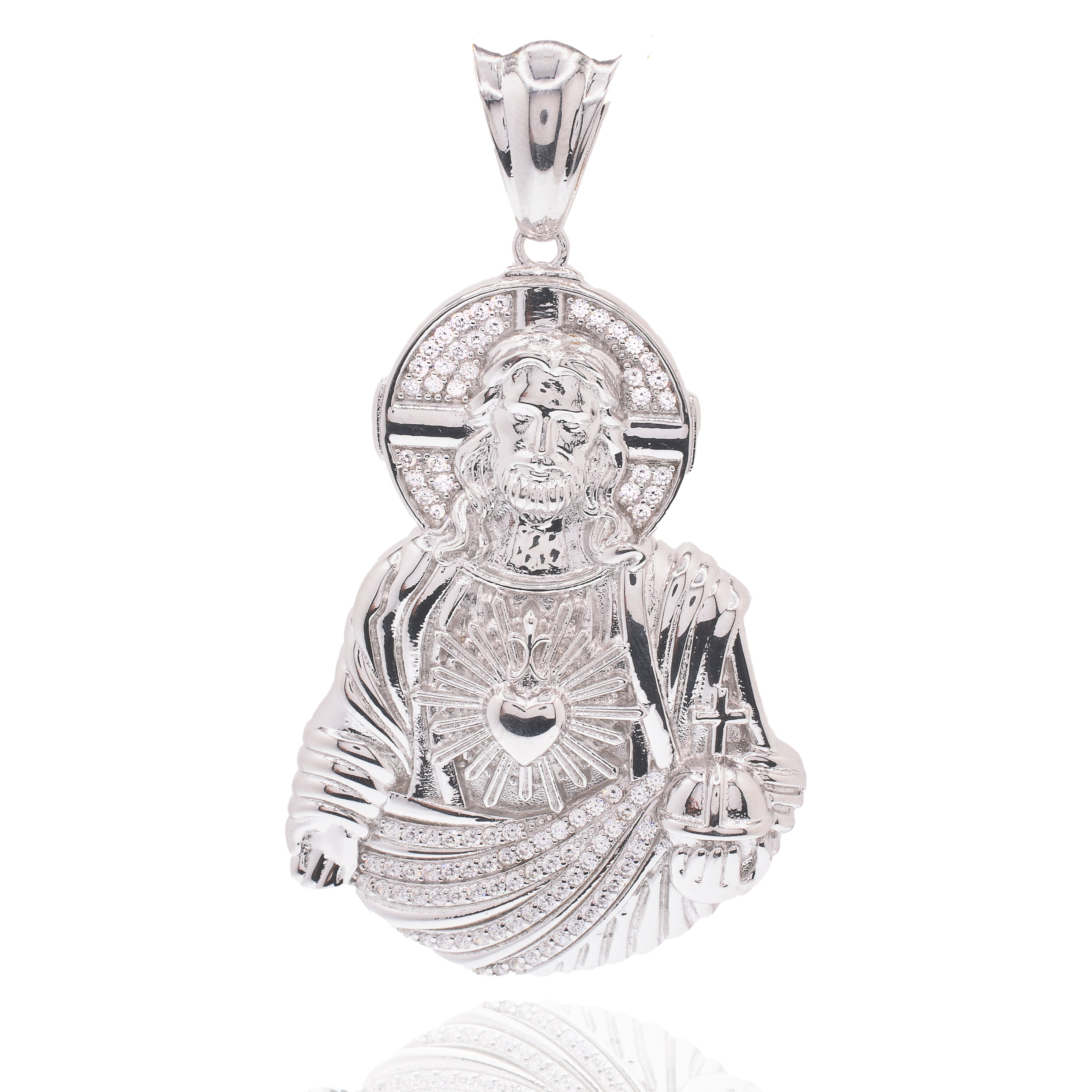 Rhodium Plated 925 Sterling Silver Jesus Christ Sacred Heart Clear