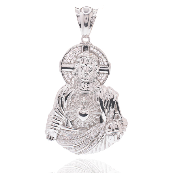 Colgante de cruz de plata de ley 925 rodiada con corte de diamante y circonita cúbica transparente de 26,5 mm x 38,4 mm - GMP00186