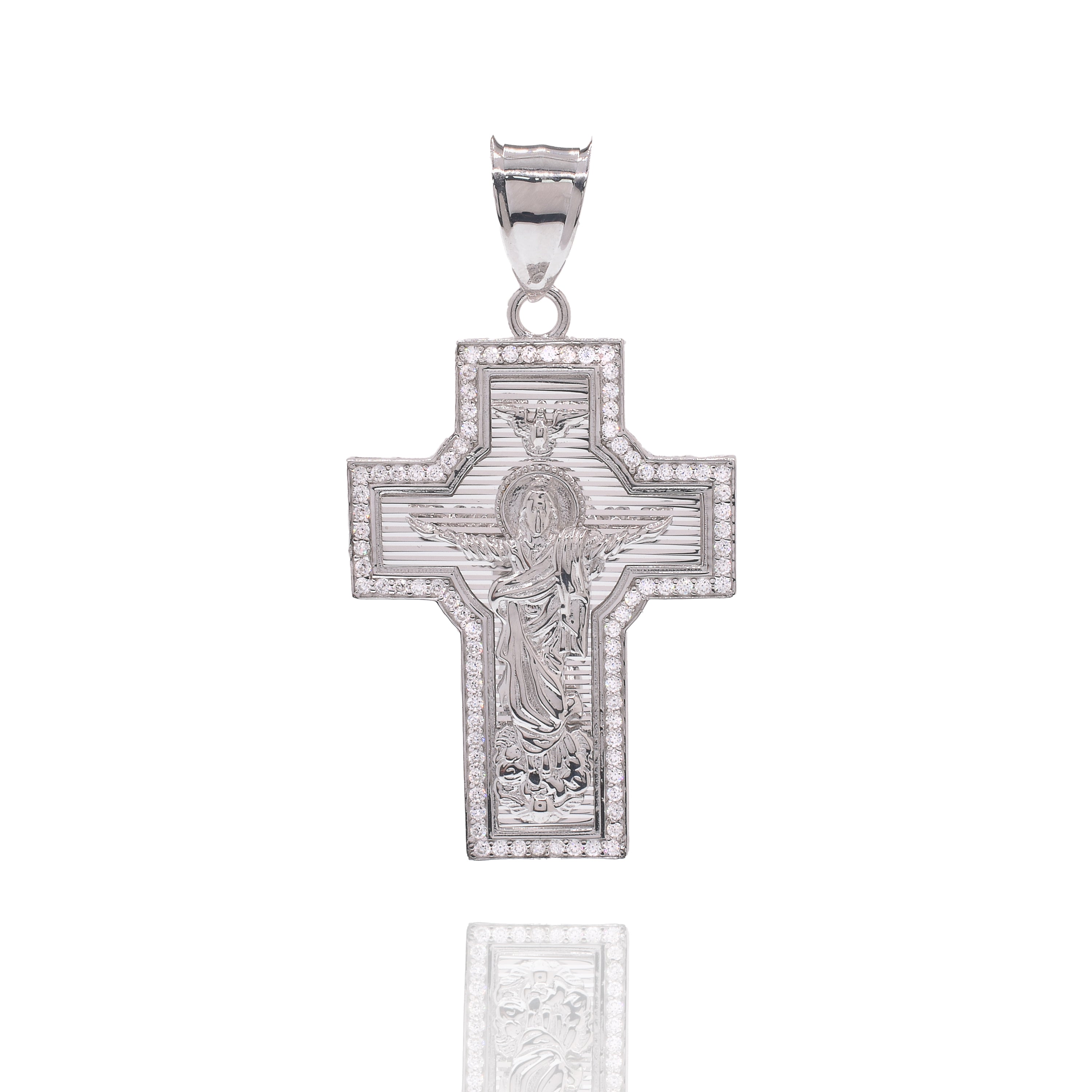 Rhodium Plated 925 Sterling Silver Saint Jude Diamond Cut Cross Clear CZ 30mm x 41mm Pendant - GMP00200