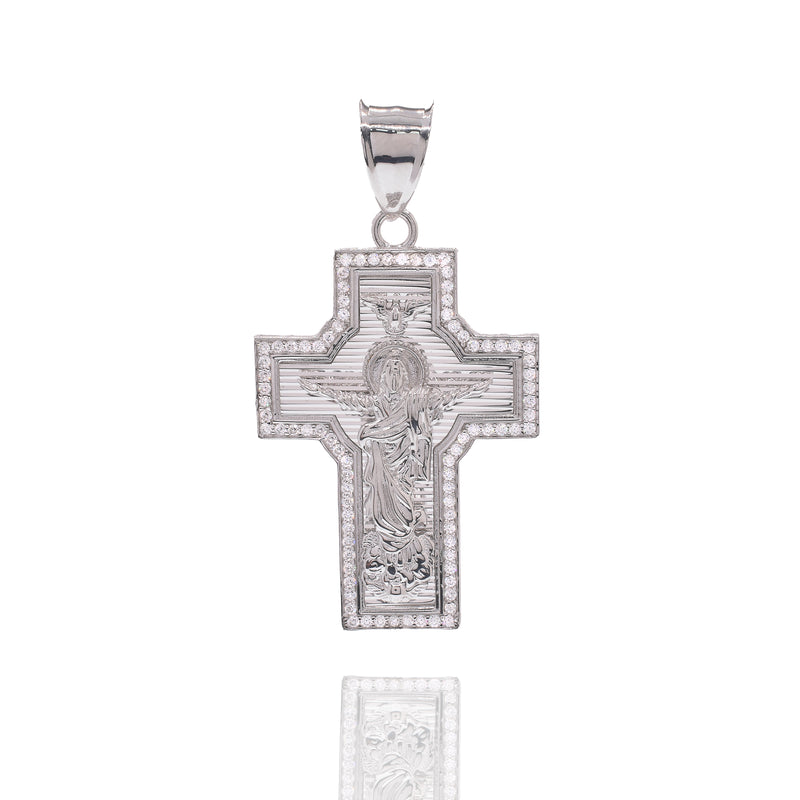 Colgante de cruz de plata de ley 925 rodiada con corte de diamante y circonita cúbica transparente de 26,5 mm x 38,4 mm - GMP00186