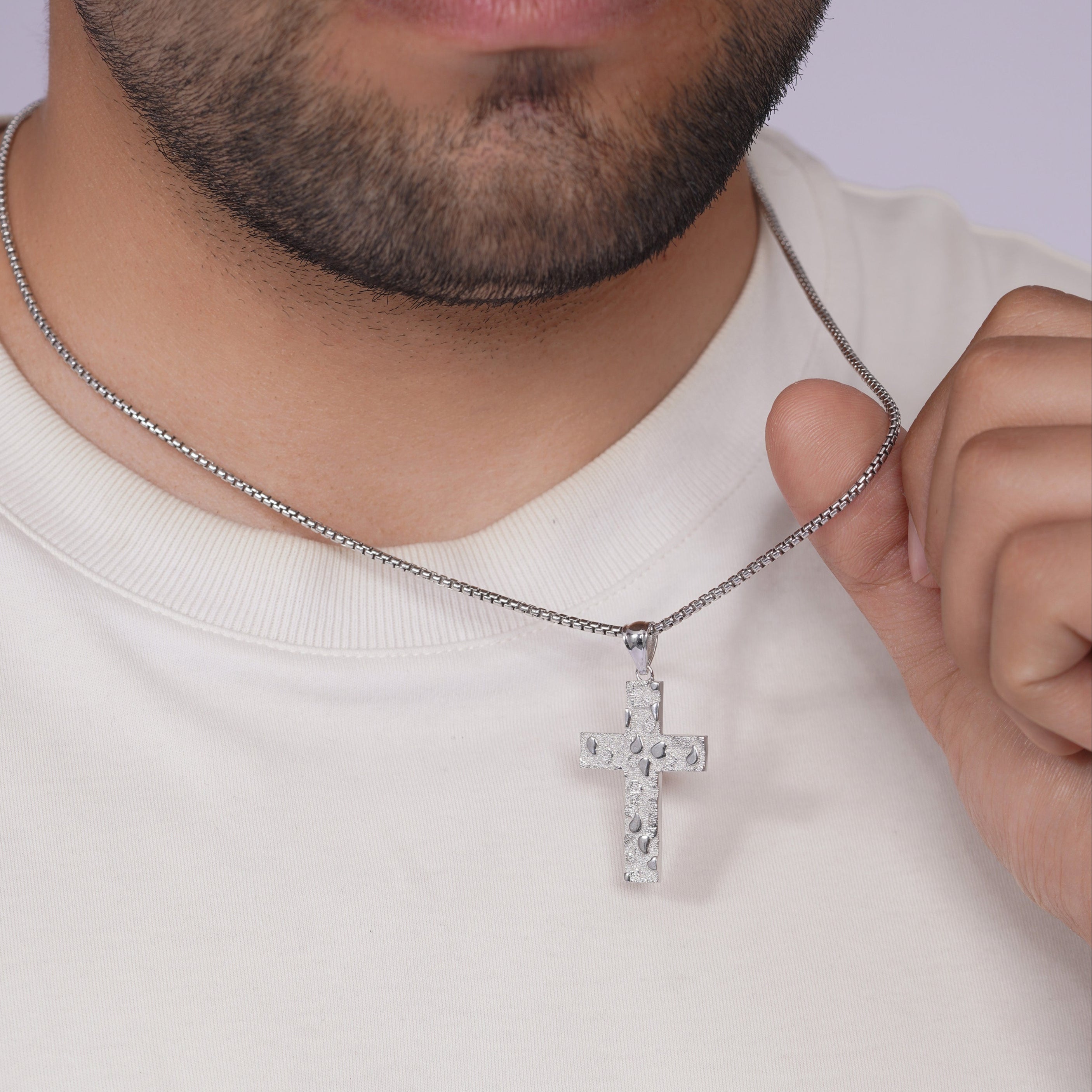 Rhodium Plated 925 Sterling Silver Nugget Cross 23.5mm x 35.3mm Pendant - GMP00208