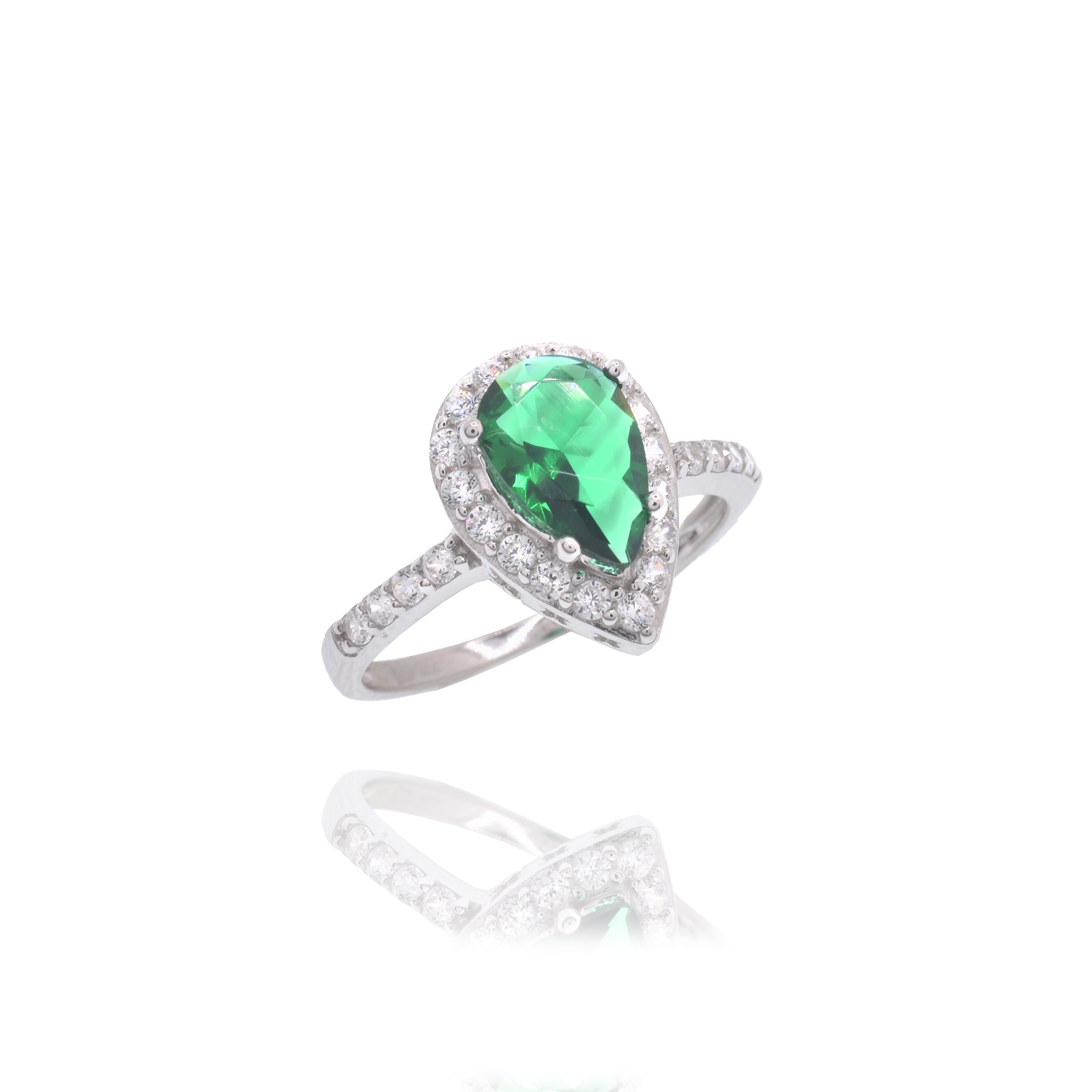 Rhodium Plated 925 Sterling Silver Teardrop Emerald and Clear CZ Ring - GMR00463