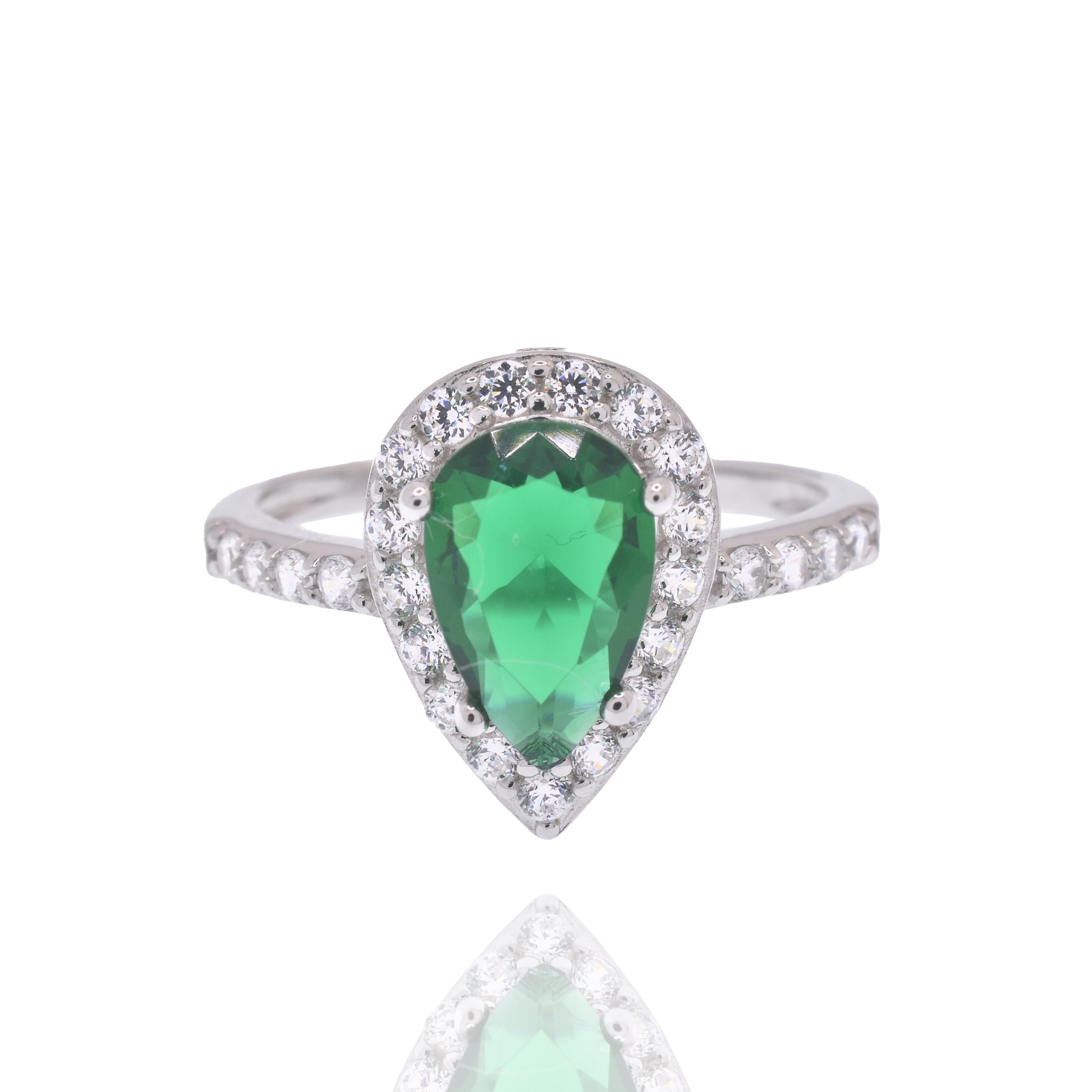Rhodium Plated 925 Sterling Silver Teardrop Emerald and Clear CZ Ring - GMR00463