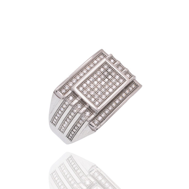 Rhodium Plated 925 Sterling Silver Men's CZ Rectangle Modern Iced Out Statement Band Ring - PAR00438