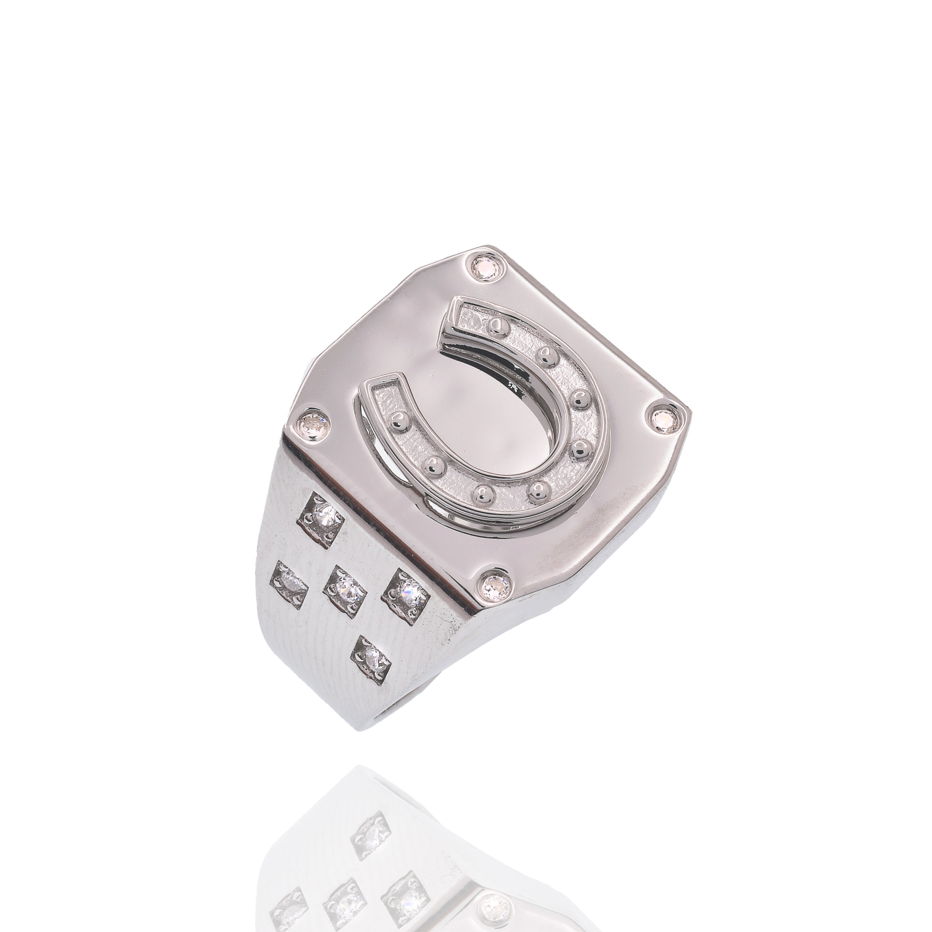 Rhodium Plated 925 Sterling Silver Men's Horseshoe Clear CZ Ring - GMR00439