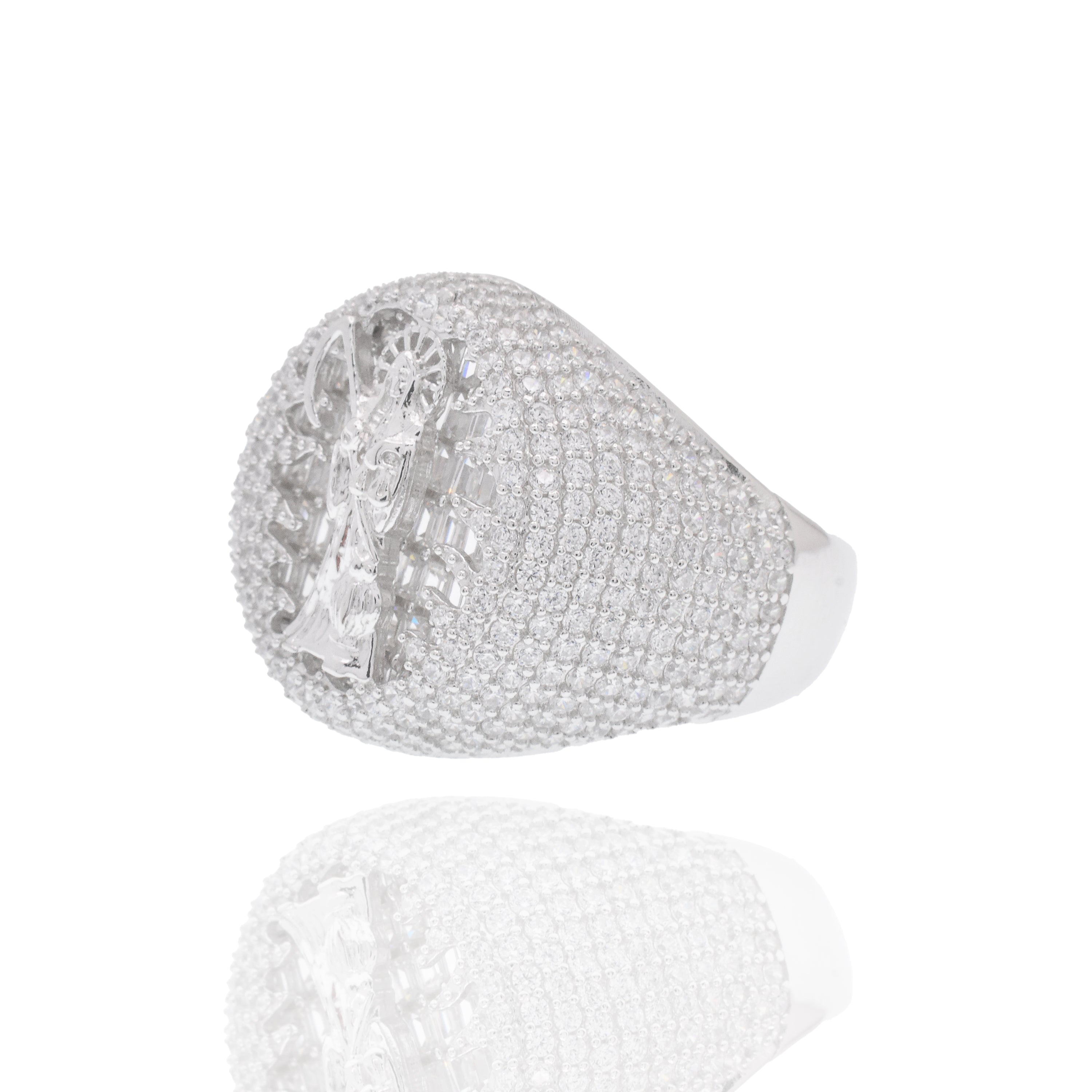Rhodium Plated 925 Sterling Silver Iced Santa Muerte Statement Clear CZ 21.4mm Ring - GMR00440