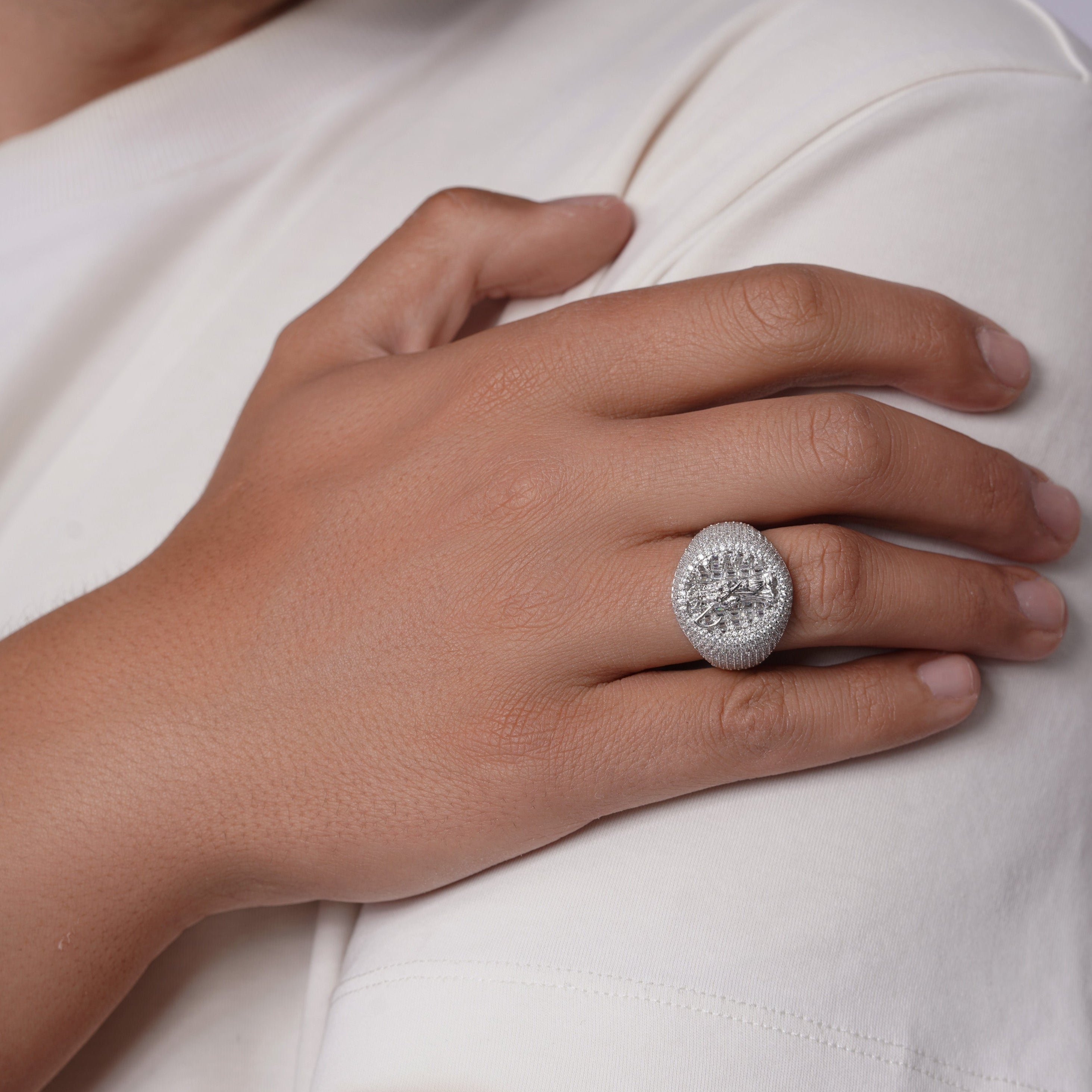 Rhodium Plated 925 Sterling Silver Iced Santa Muerte Statement Clear CZ 21.4mm Ring - GMR00440