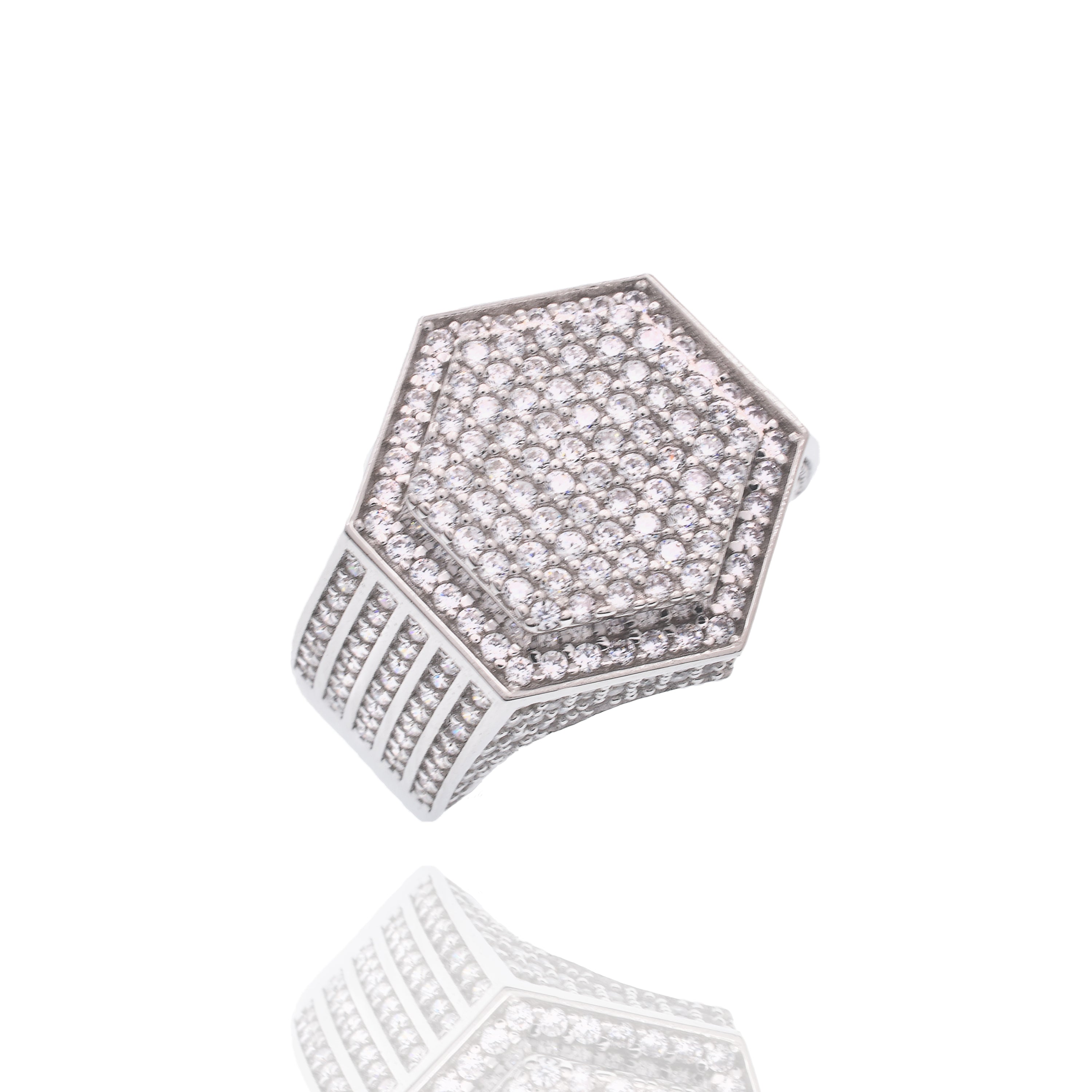 Rhodium Plated 925 Sterling Silver Men's Hexagon Iced Out Clear CZ