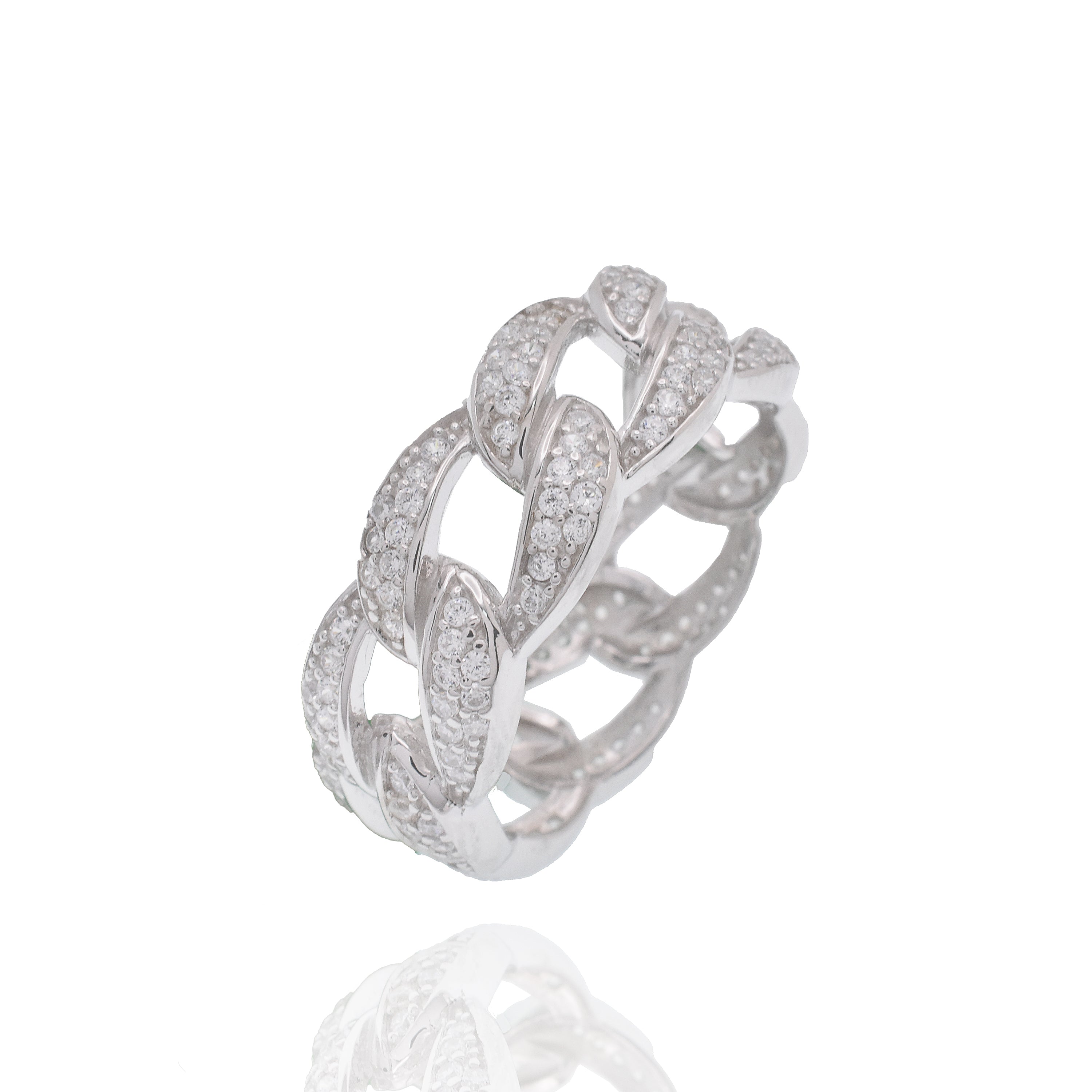 Rhodium Plated 925 Sterling Silver Iced Cuban Link Clear CZ 10.2mm Ring - GMR00448