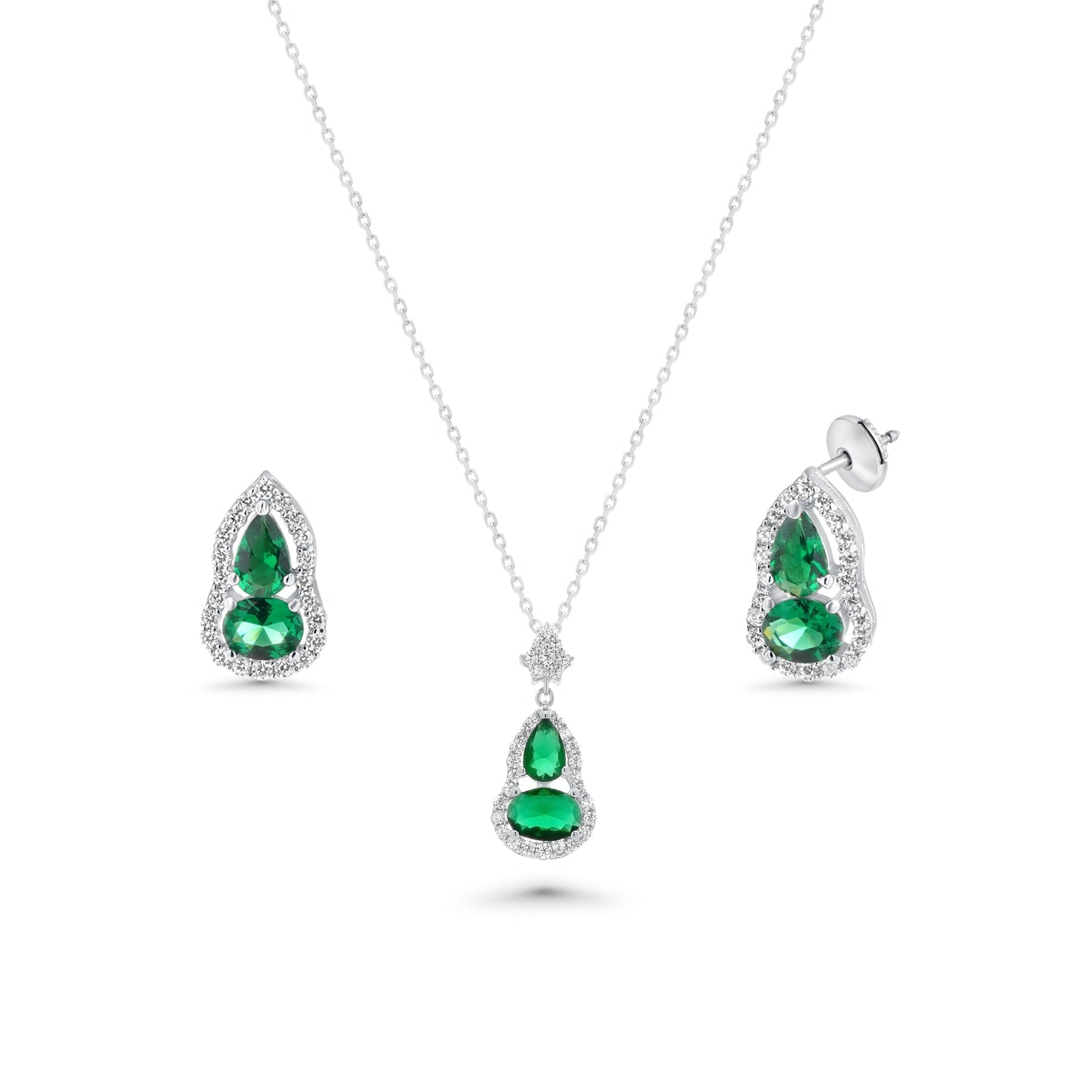 Rhodium Plated 925 Sterling Silver Teardrop & Oval Emerald CZ Earring and Necklace Matching Set - PAS00038