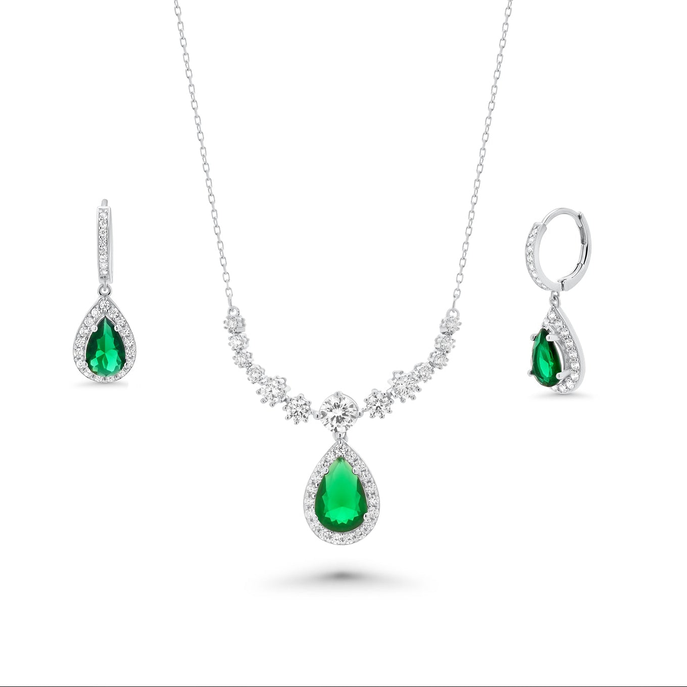Rhodium Plated 925 Sterling Silver Teardrop Emerald CZ Statement Hoop Earring and Necklace Matching Set - PAS00039