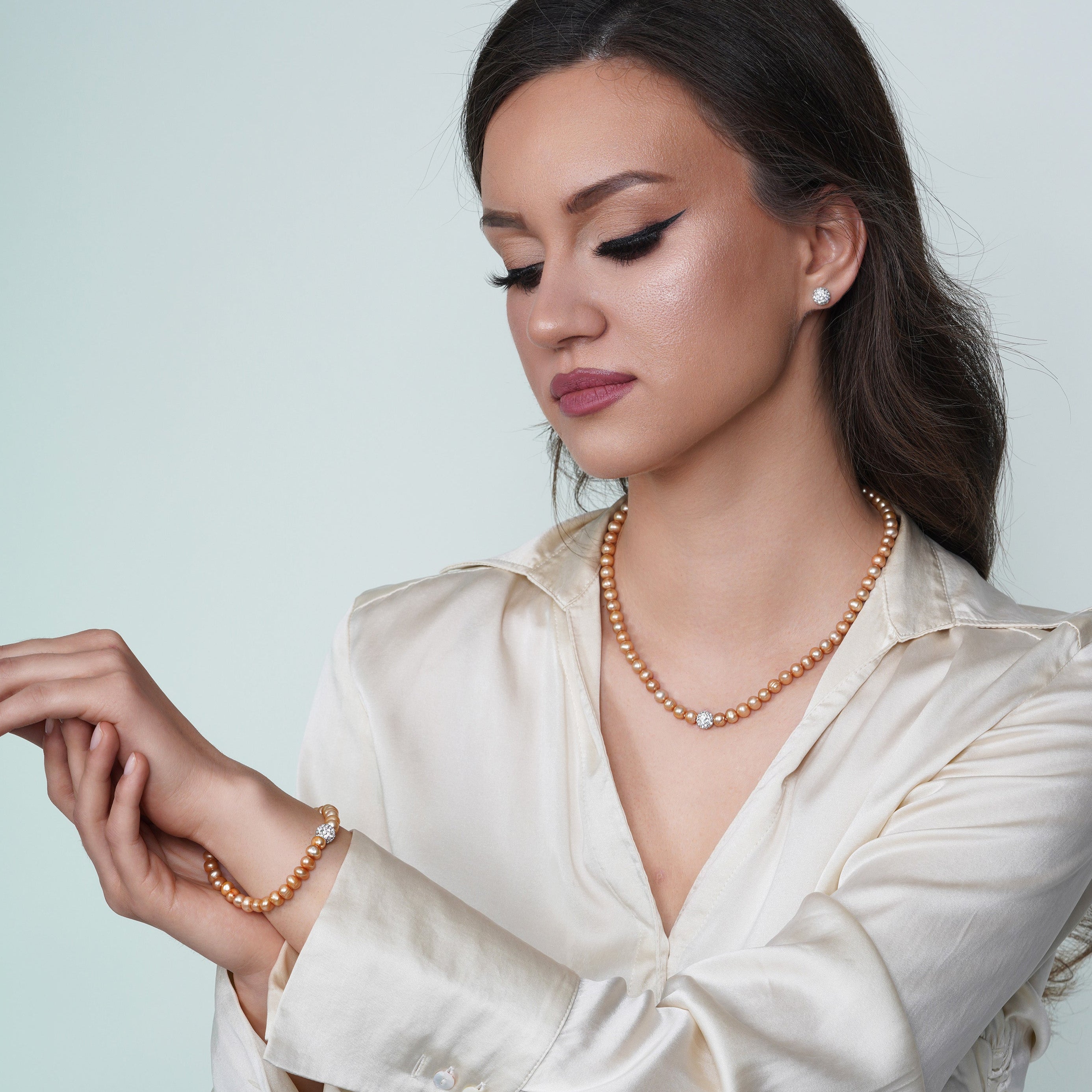 Fresh Water Champagne Pearl Set with CZ Encrusted Sterling Silver Beads - PJS00001CHP