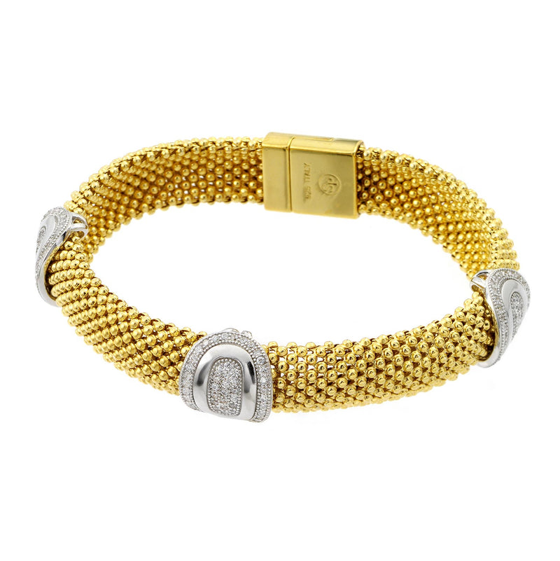 Silver 925 Gold Plated Micro Pave Round Oval Clear CZ Beaded Italian Bracelet - PSB00007GP