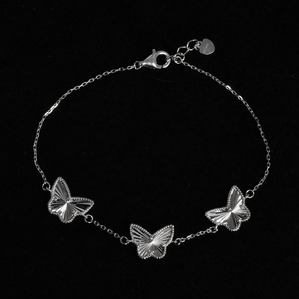 Rhodium Plated 925 Sterling Silver Diamond Cut Three Butterfly Charm 12mm x 9.5mm Adjustable Bracelet  - PXB00001