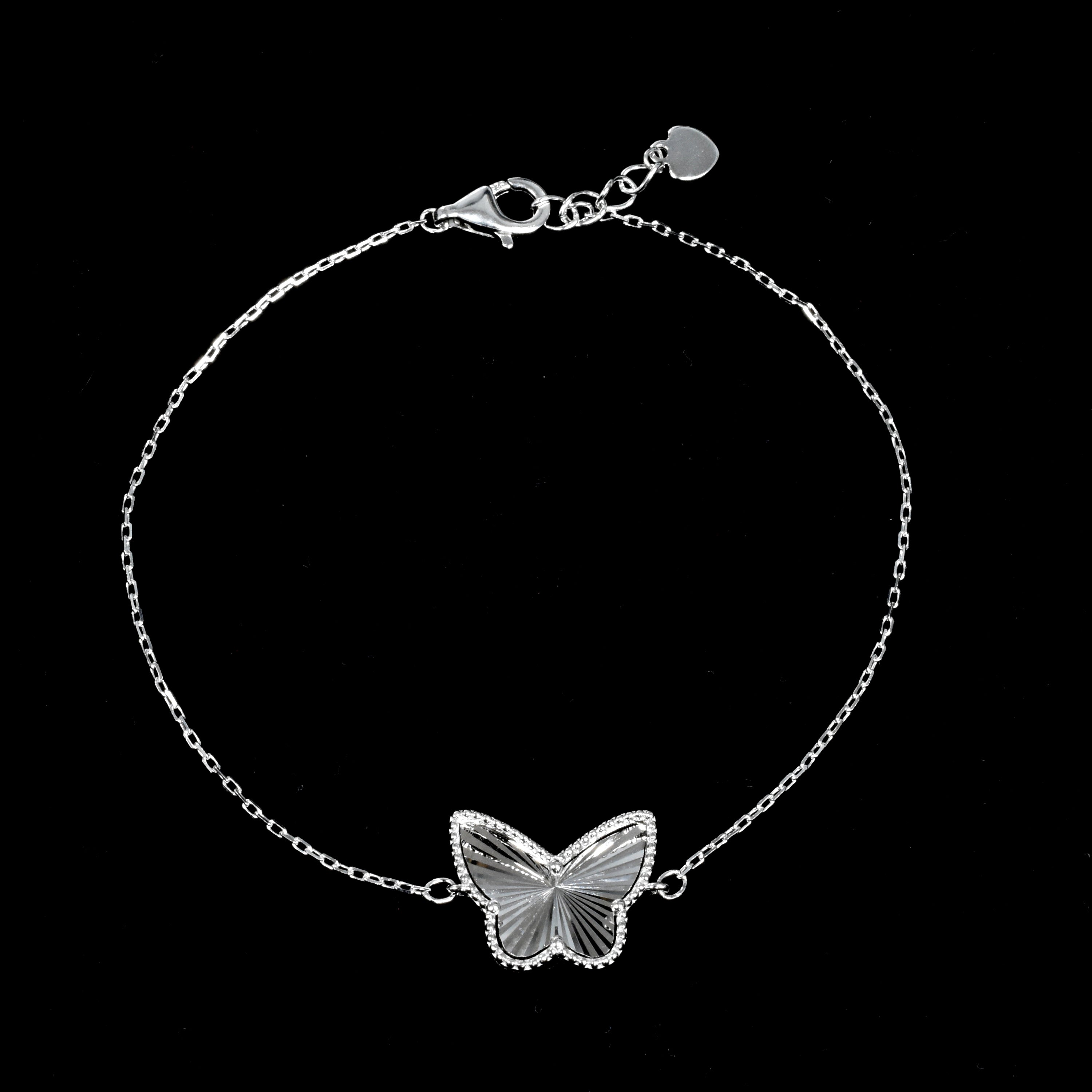 Rhodium Plated 925 Sterling Silver Diamond Cut Butterfly Charm 15.3mm x 12mm Adjustable Bracelet  - PXB00002