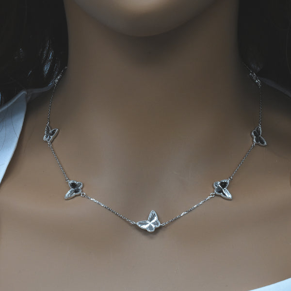 Rhodium Plated 925 Sterling Silver Diamond Cut Multiple Butterfly Charm 12mm x 9.5mm Adjustable Necklace - PXN00001