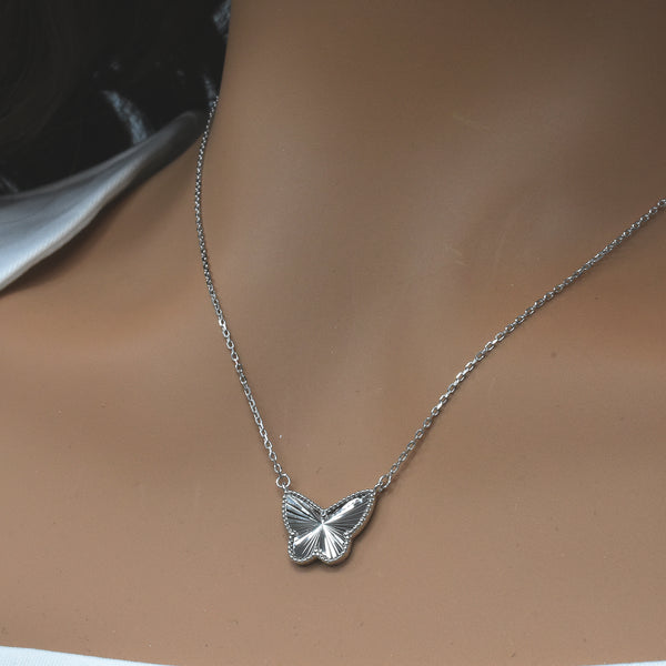Rhodium Plated 925 Sterling Silver Diamond Cut Butterfly Charm 15.3mm x 12mm Adjustable Necklace - PXN00002