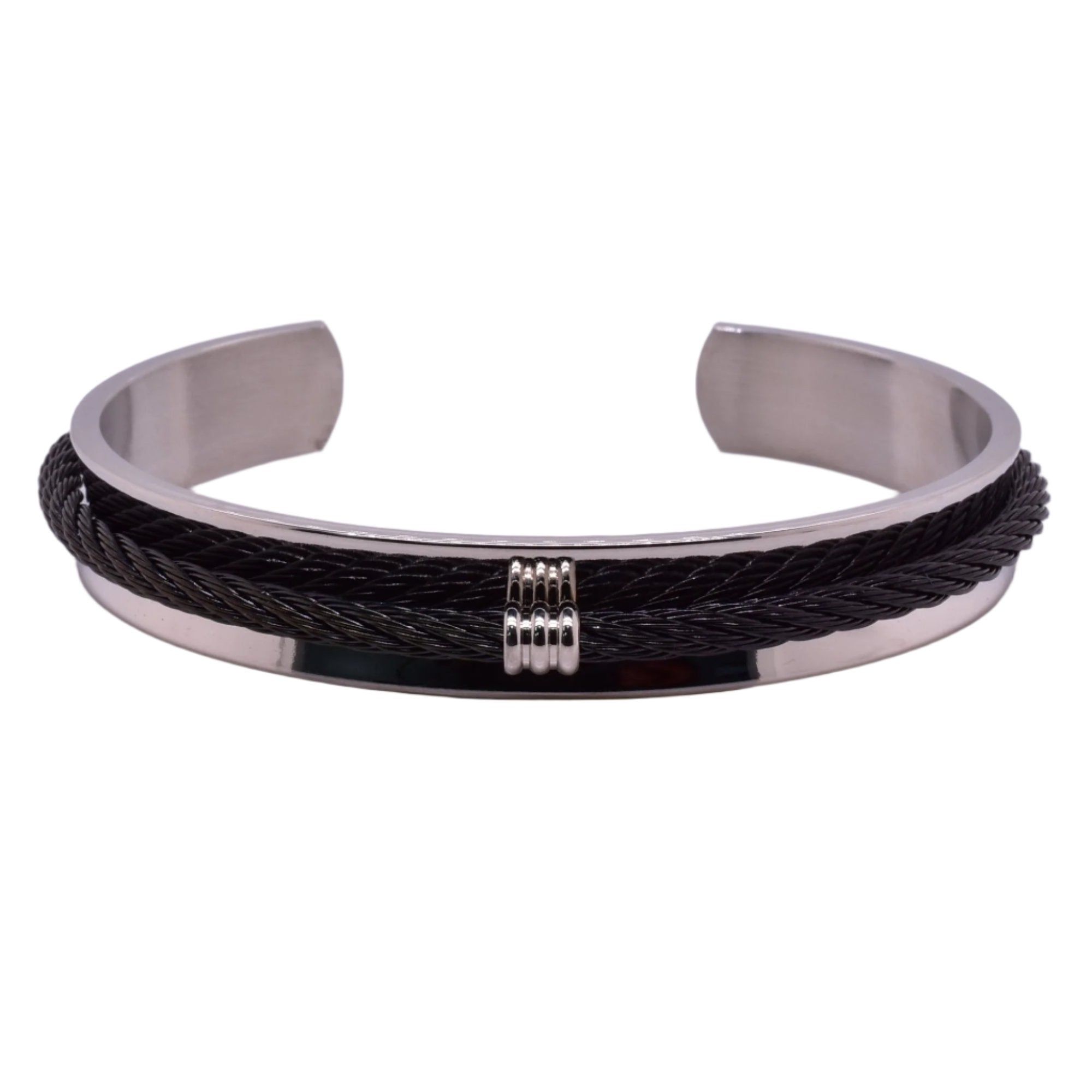 Brazalete de acero inoxidable con cable negro de 10 mm - SBB00027