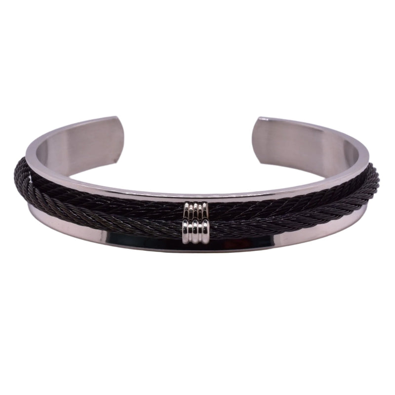 Stainless Steel Cuffed Black Cable 10mm Bangle - SBB00027