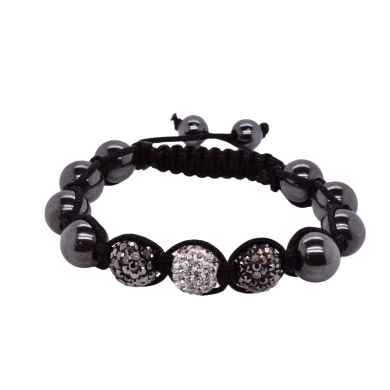 Stainless Steel Clear and Black Crystal Hematite Shamballa Corded Bracelet - SBB00039