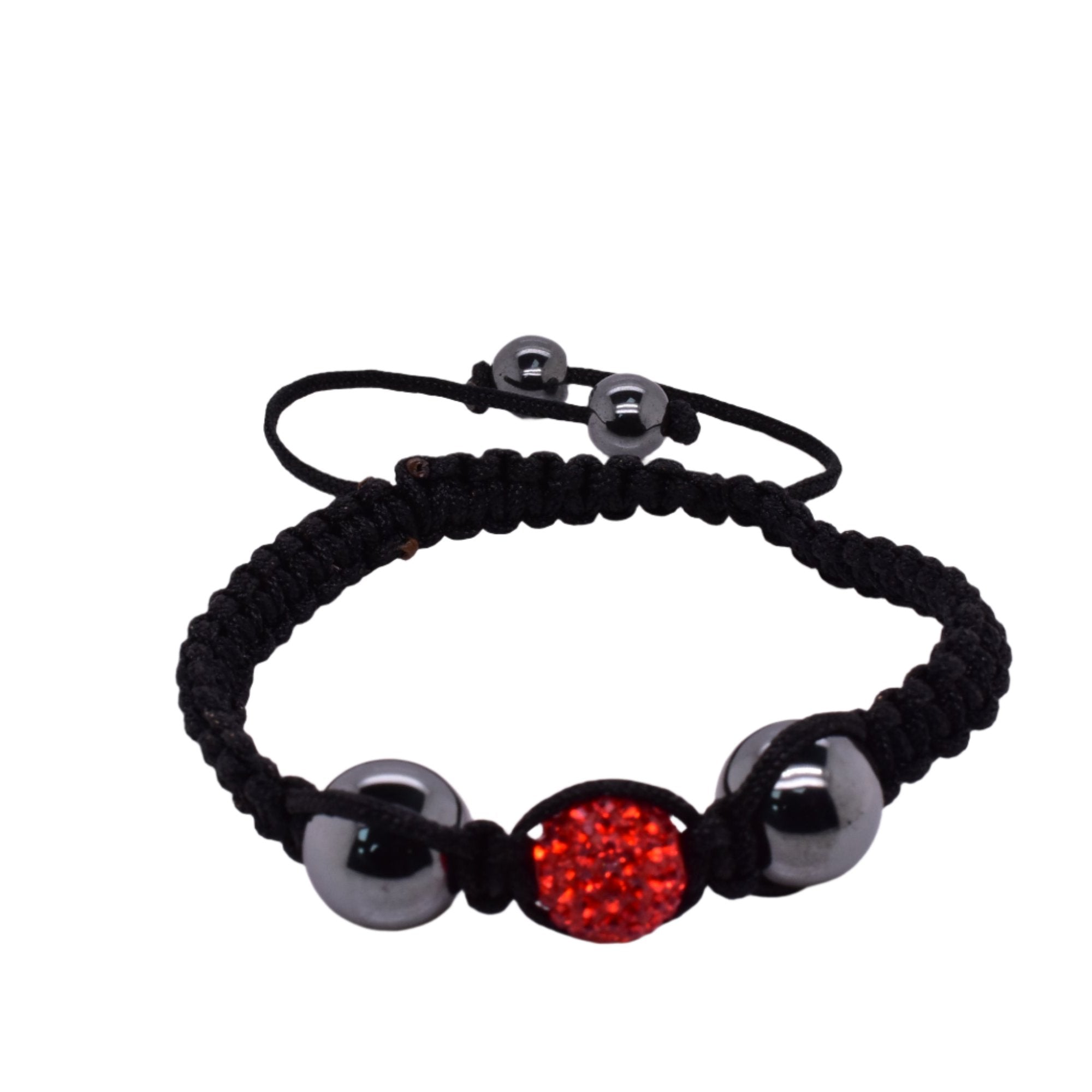 Pulsera Shamballa de acero inoxidable con cristales rojos y hematita - SBB00043