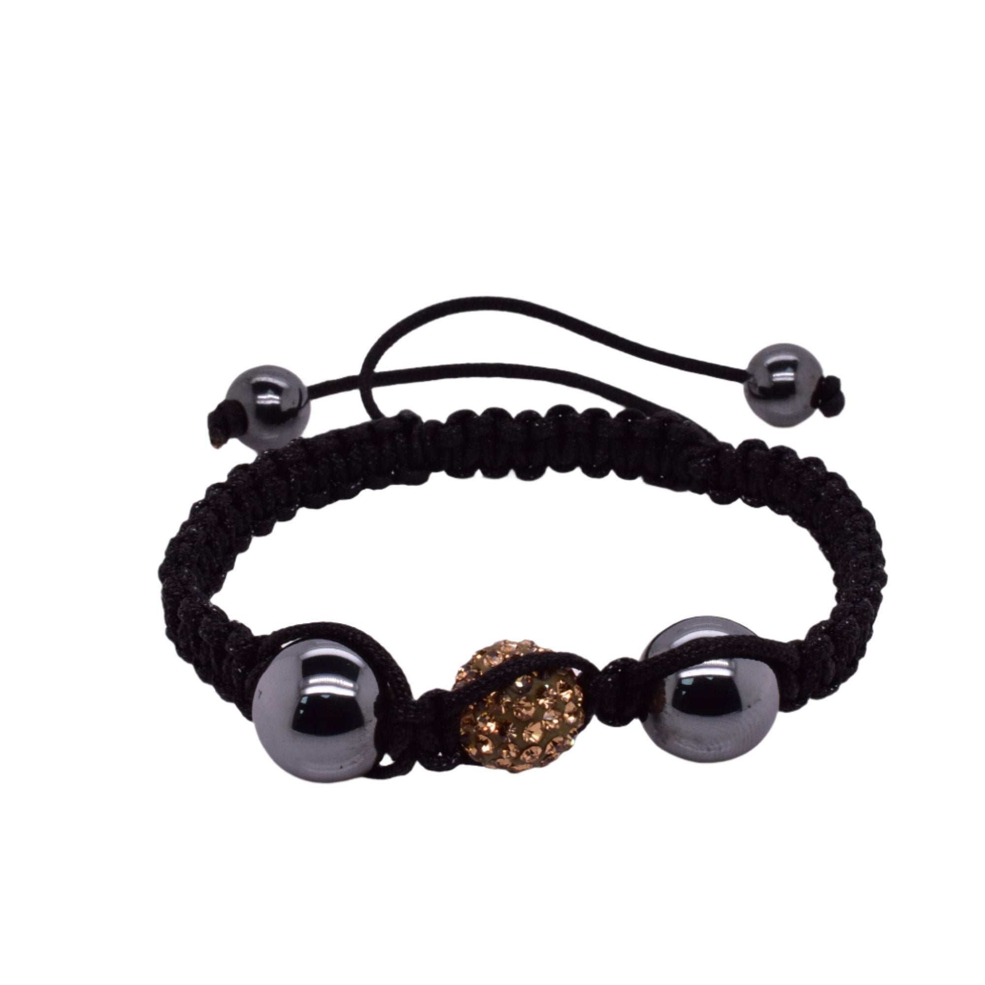 Pulsera de acero inoxidable con cordón Shamballa de cristal amarillo y hematita - SBB00044