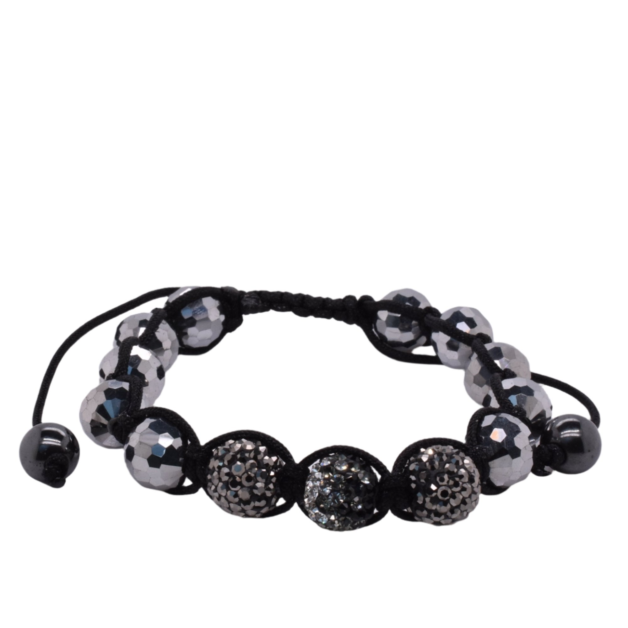 Pulsera de cordón Shamballa de acero inoxidable con cuentas de cristal negro y hematita - SBB00047