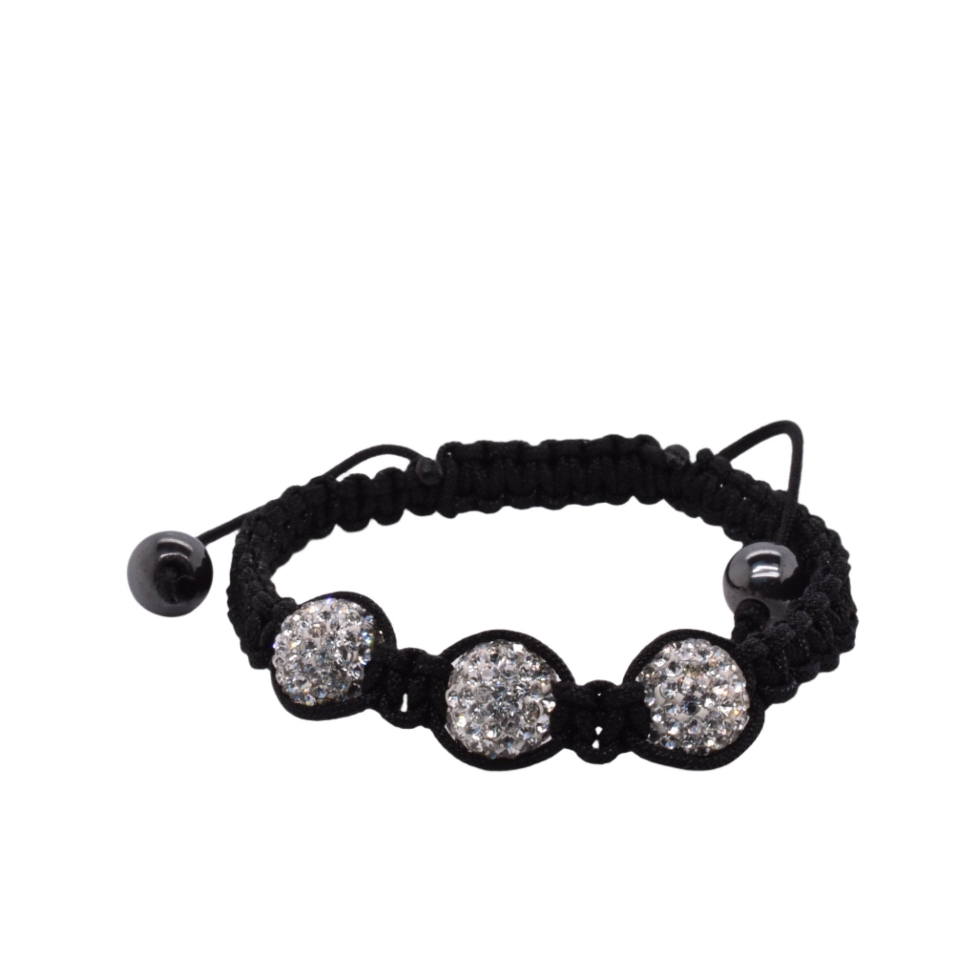 Pulsera de cordón Shamballa de acero inoxidable con tres cuentas de cristal transparente y hematita - SBB00050