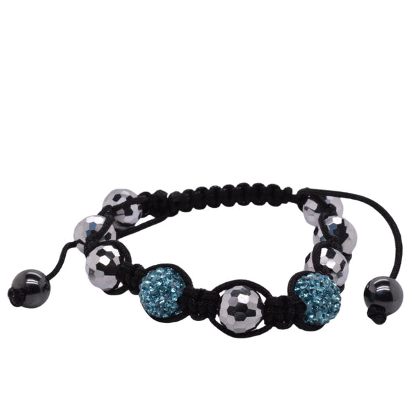 Stainless Steel Teal Crystal and Hematite Beads Shamballa Cord Bracelet - SBB00053