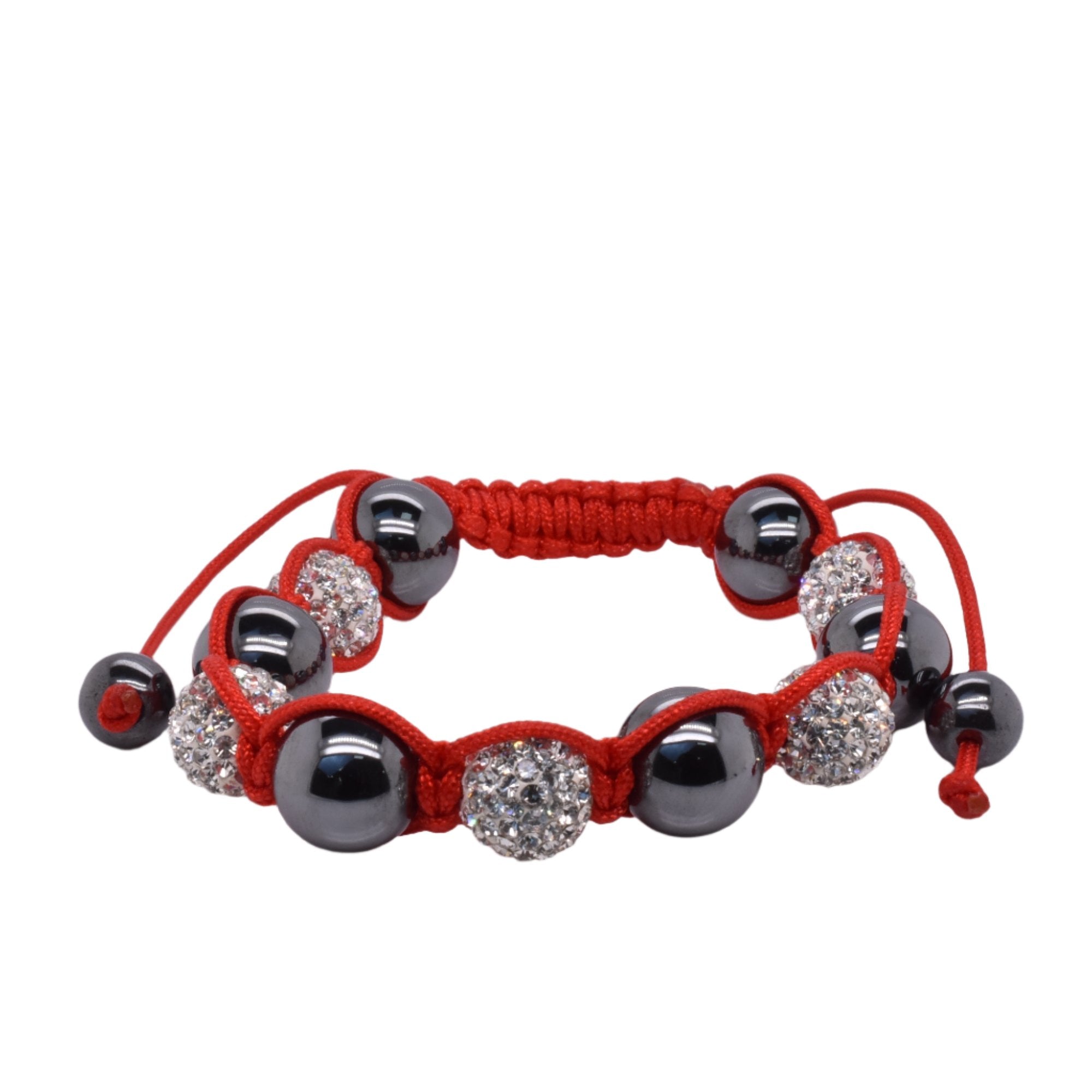 Pulsera de cordón rojo Shamballa de acero inoxidable con cuentas alternadas de cristal transparente y hematita - SBB00059