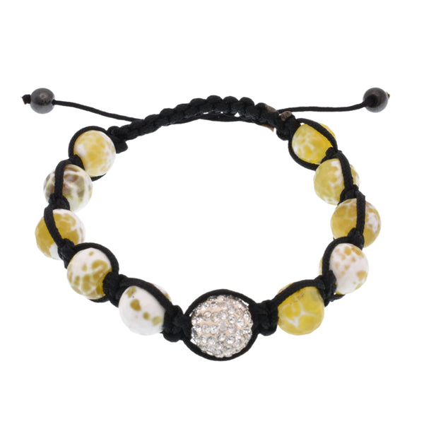 Stainless Steele Yellow Agate & White Crystal Shambala Bracelet - SBB00060