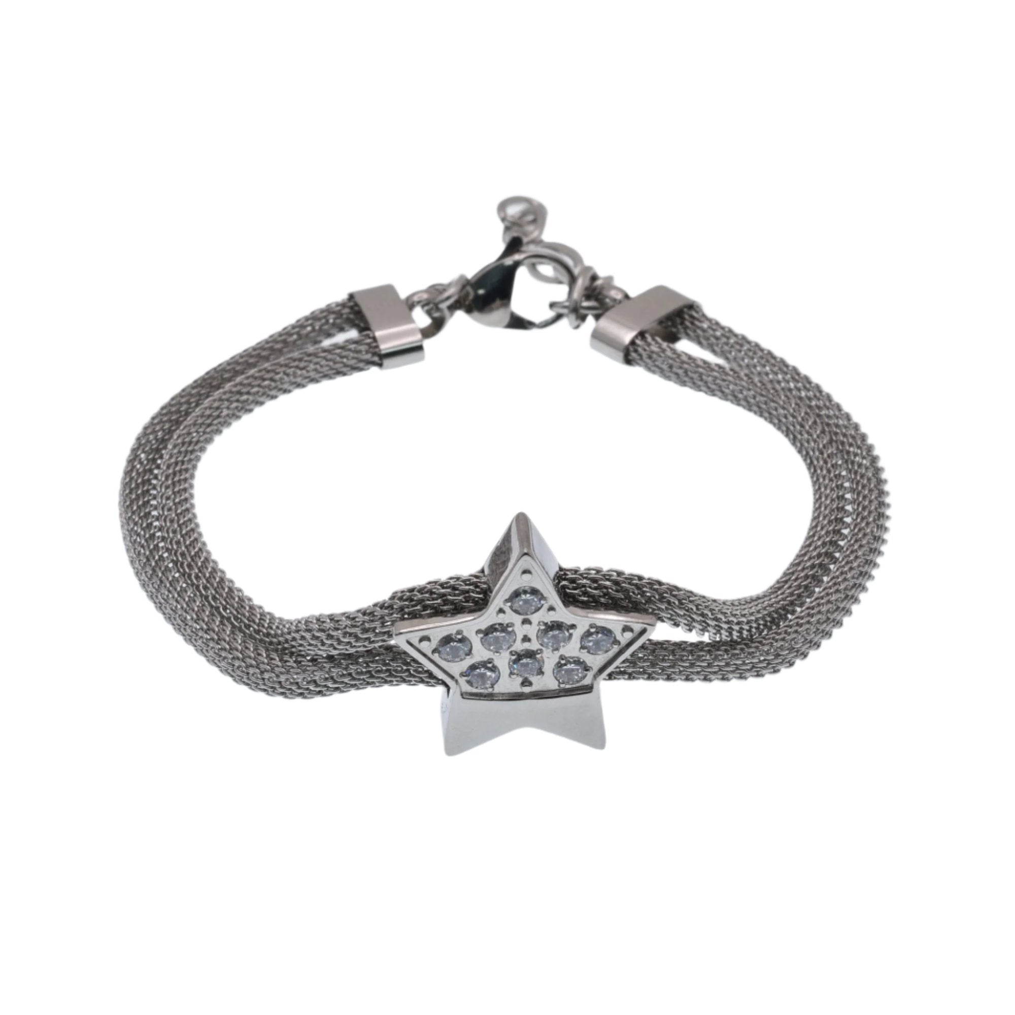 Pulsera ajustable de acero inoxidable de doble hebra con malla y estrella de circonitas transparentes - SBB00066