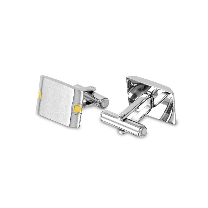 Gemelos rectangulares de acero inoxidable con acabado cepillado y detalles dorados (13 mm x 18 mm) con cierre de bala - SCU000020
