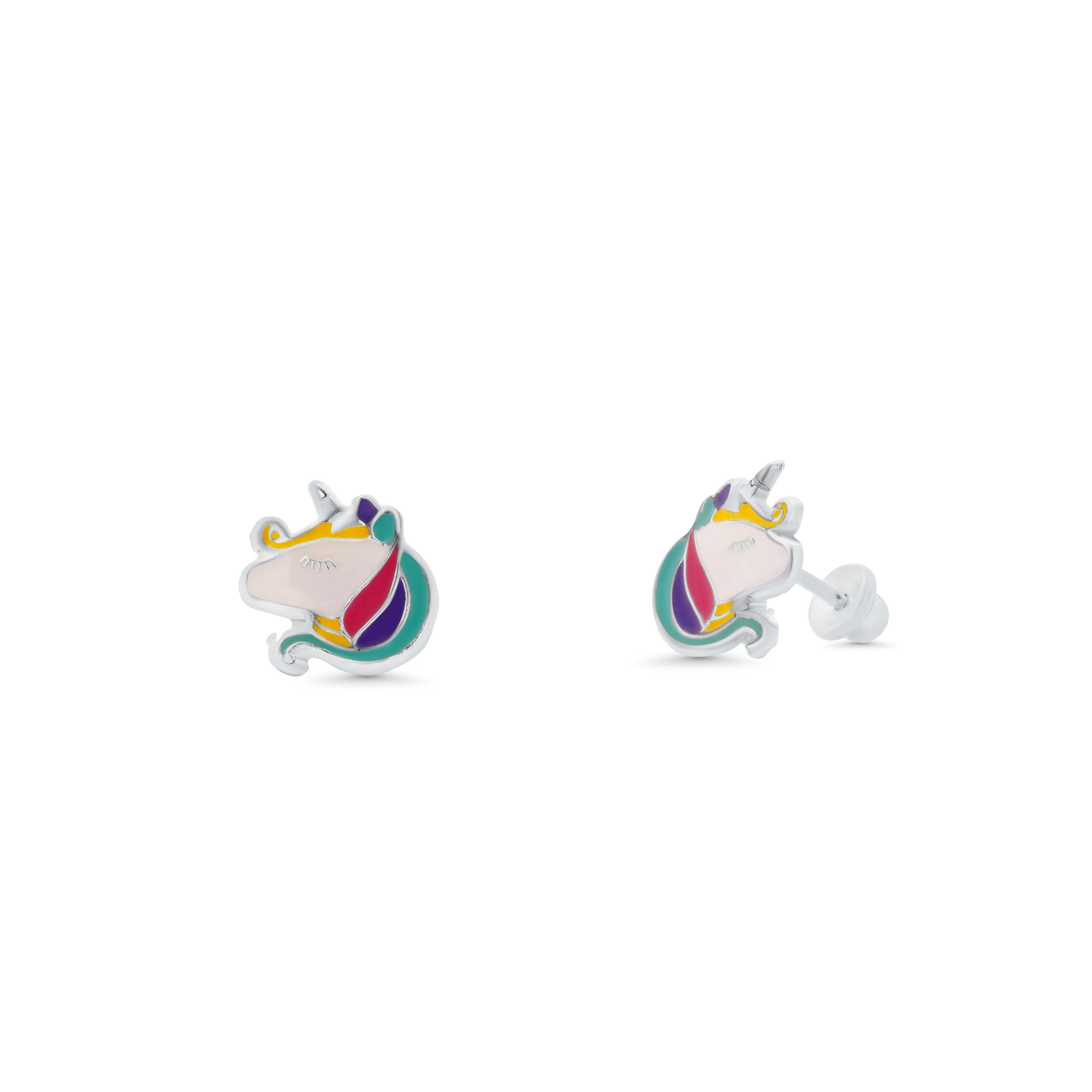 High Polished 925 Silver Multi Color Enamel Unicorn Head Earrings - SIL00008