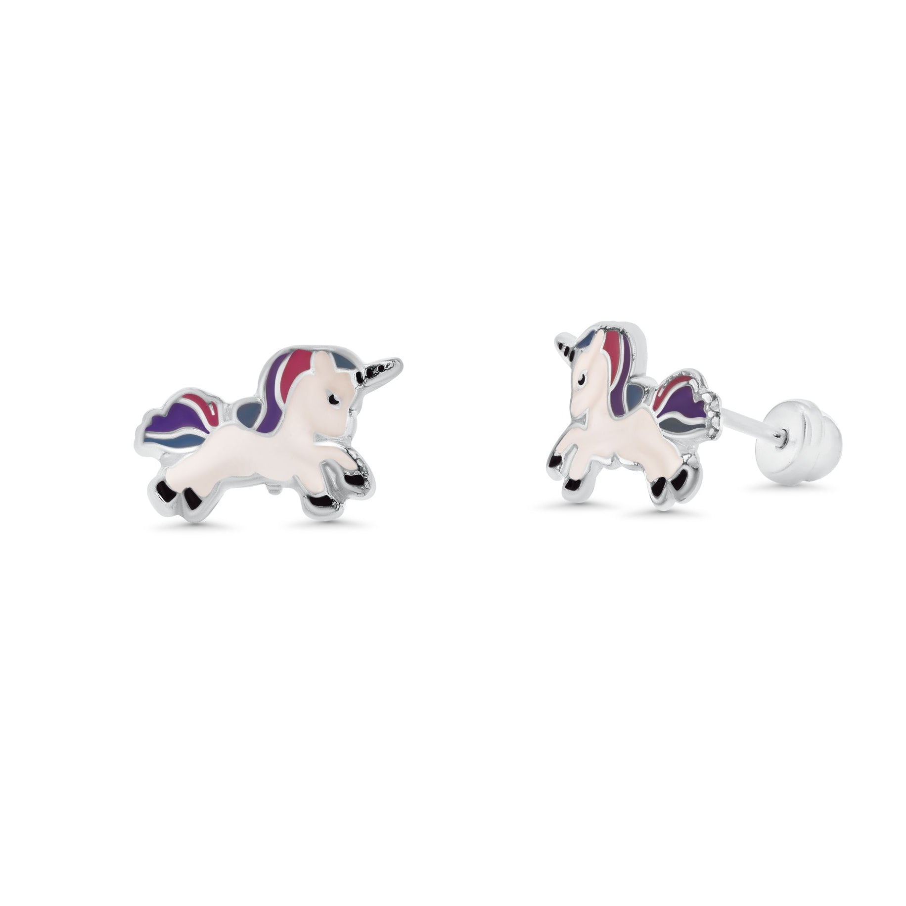 High Polished 925 Silver Multi Colored Enamel Unicorn Earrings - SIL00011