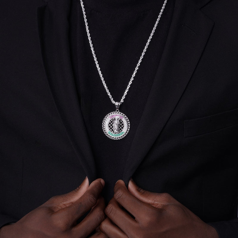 Rhodium Plated 925 Sterling Silver Saint Jude Clear Green and Red CZ 35mm Pendant - SLP00358