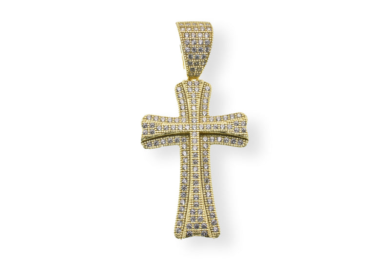 Gold Plated 925 Sterling Silver Small Double Cross CZ Hip Hop Pendant - SLP00095GP