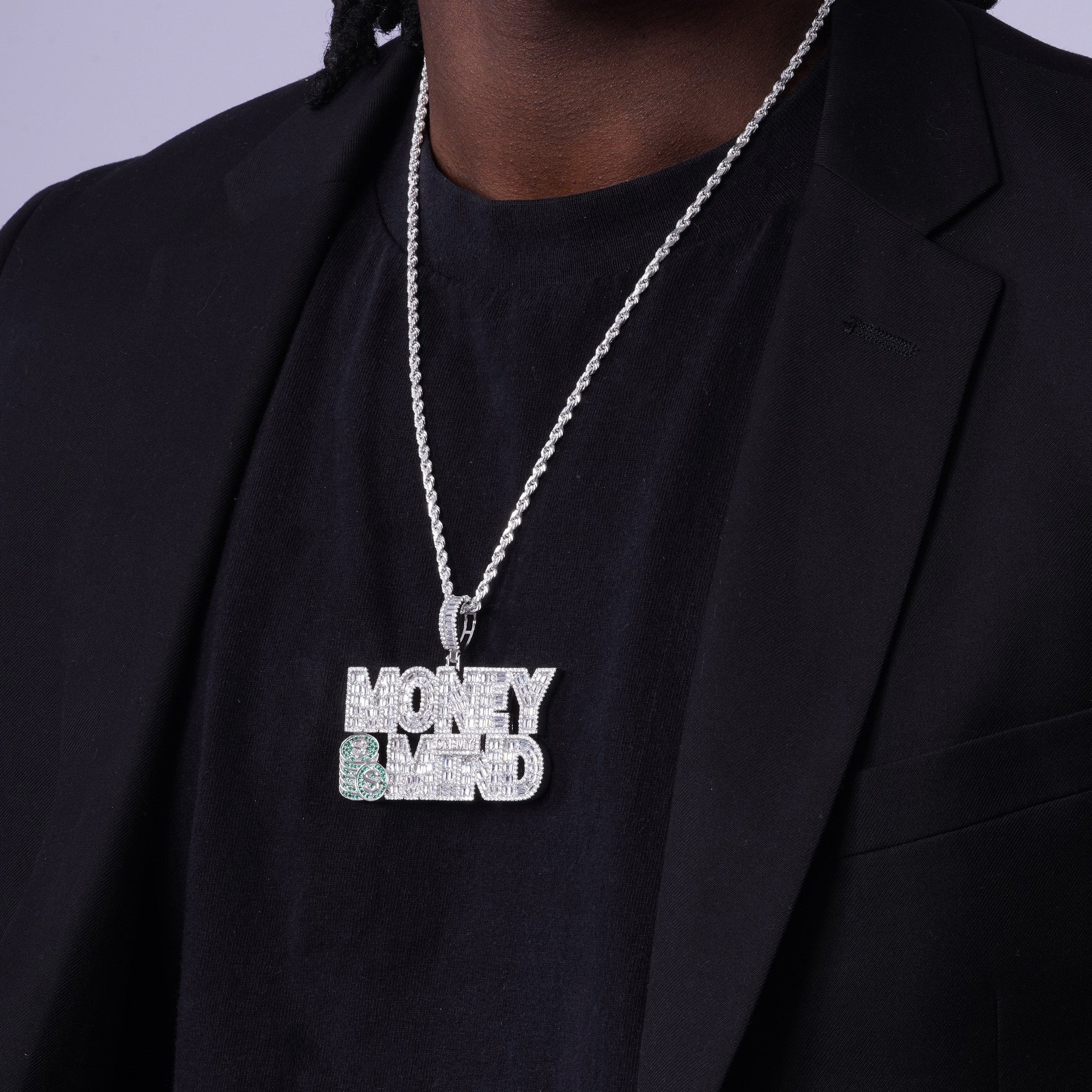 Rhodium Plated 925 Sterling Silver CZ MONEY ON MY MIND Hip Hop