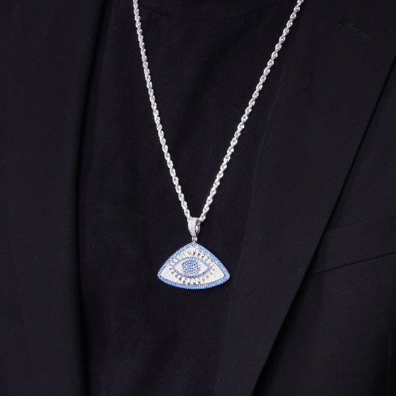Rhodium Plated 925 Sterling Silver CZ Encrusted Eye Clear and Blue CZ Pendant - SLP00339-BLUE
