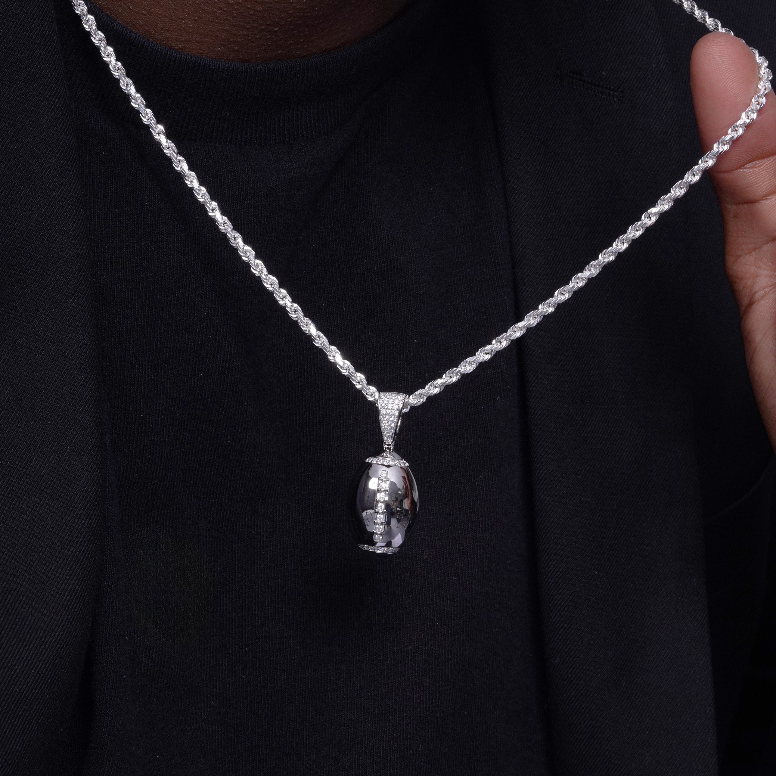Rhodium Plated 925 Sterling Silver Football Clear CZ Pendant - SLP00343