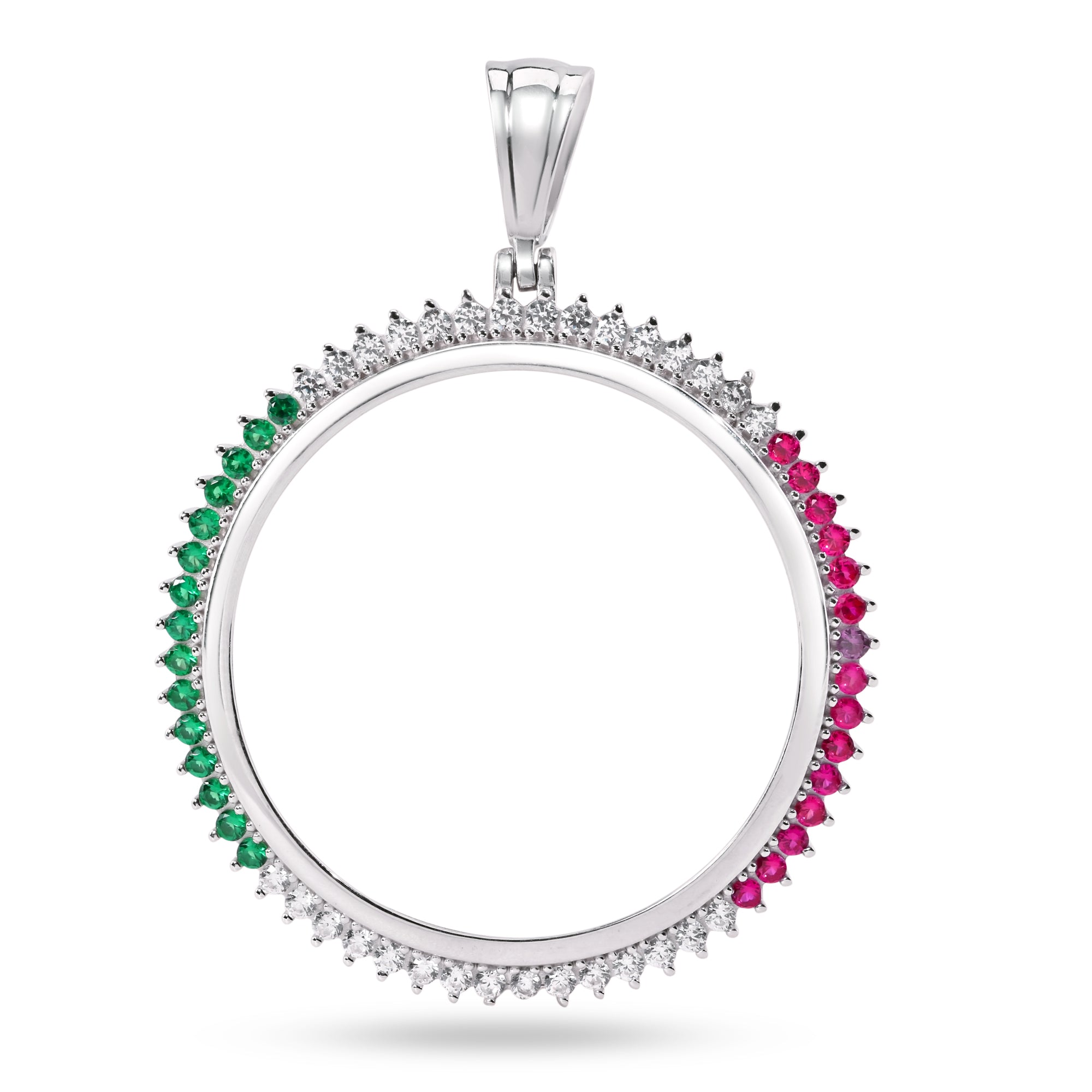 Silver 925 Rhodium Plated Bezel for Coin Clear Green and Red CZ 