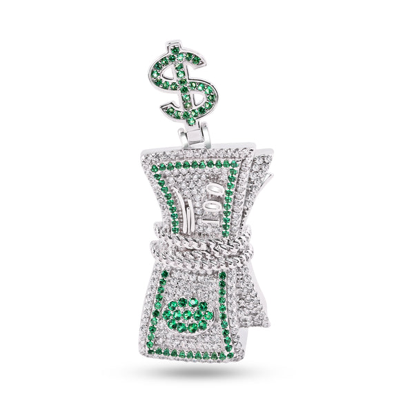 Paquete de dinero en efectivo chapado en rodio de plata 925 con colgante de vale de dólar CZ transparente y verde - SLP00361