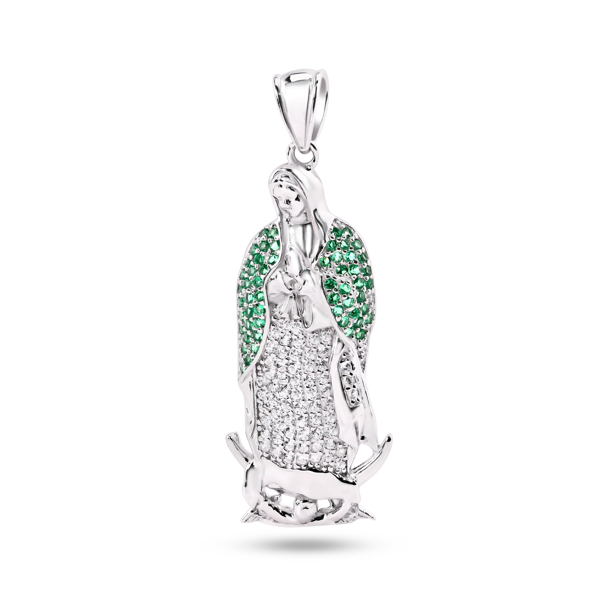 Colgante de Virgen María en plata de ley 925 rodiada con circonitas transparentes y verdes - SLP00364