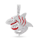 Rhodium Plated 925 Sterling Silver Angry Shark Red Enamel Clear CZ Pendant - SLP00366