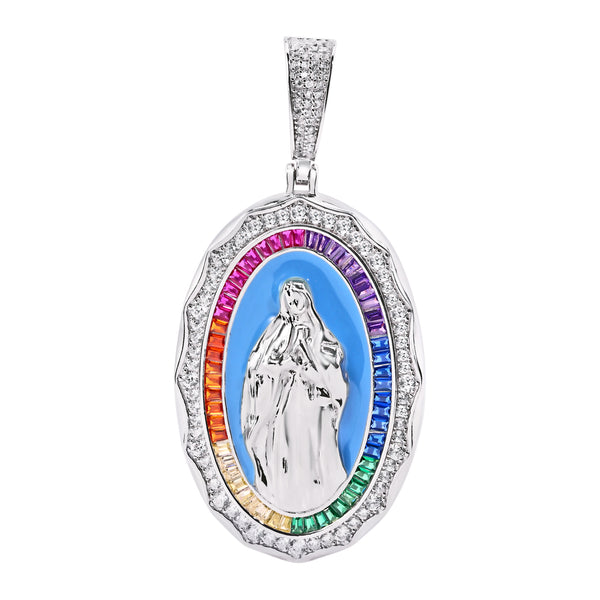 Colgante de plata 925 bañada en rodio con piedra baguette multicolor de la Virgen María y circonita transparente - SLP00380