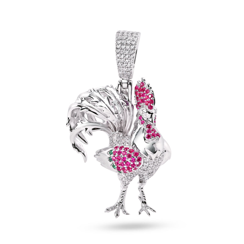 Rhodium Plated 925 Sterling Silver Rooster Red Green and Clear CZ Pendant - SLP00387